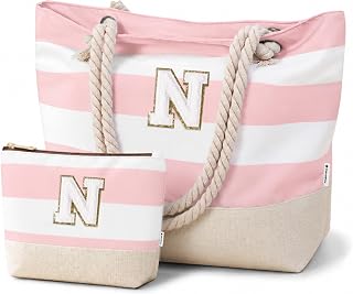 Vavabox Initial Beach Tote Bag for Women, Water-resistant Foldable Travel Beach Bag, Birthday Gifts for Women Mom (Pink, N)