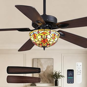 52" Tiffany Ceiling Fan with Lights and Down Rods, Handcrafted Stained Glass Shade, Long Blade Fan Chandelier, Quiet DC Motor, 6-Speed Remote/APP, Dimmable 3-Color LED, Vintage Style