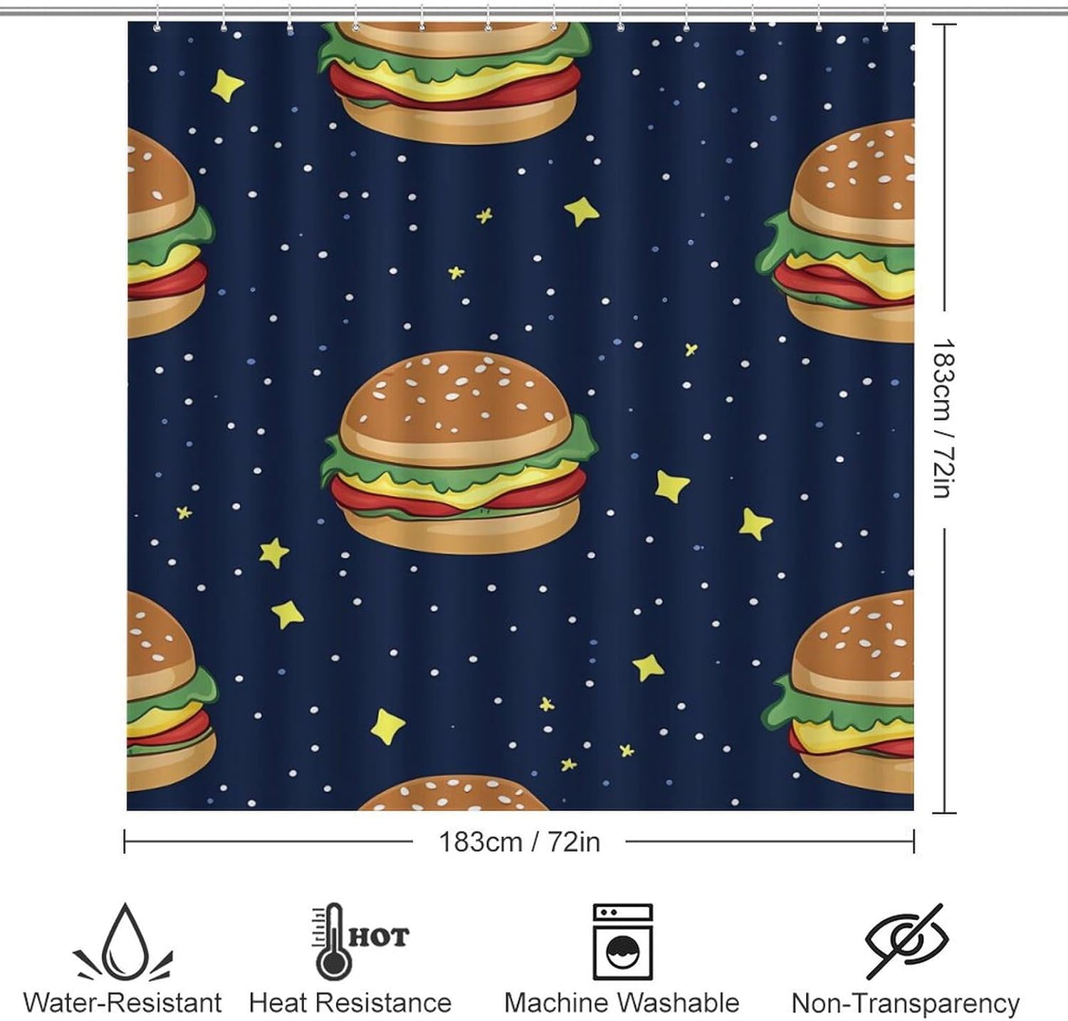 Cosmic Hamburger Bathroom Sets with Shower Curtain and Rugs 4 Piece with U-Shaped Floor Mat Toilet Lid Cover