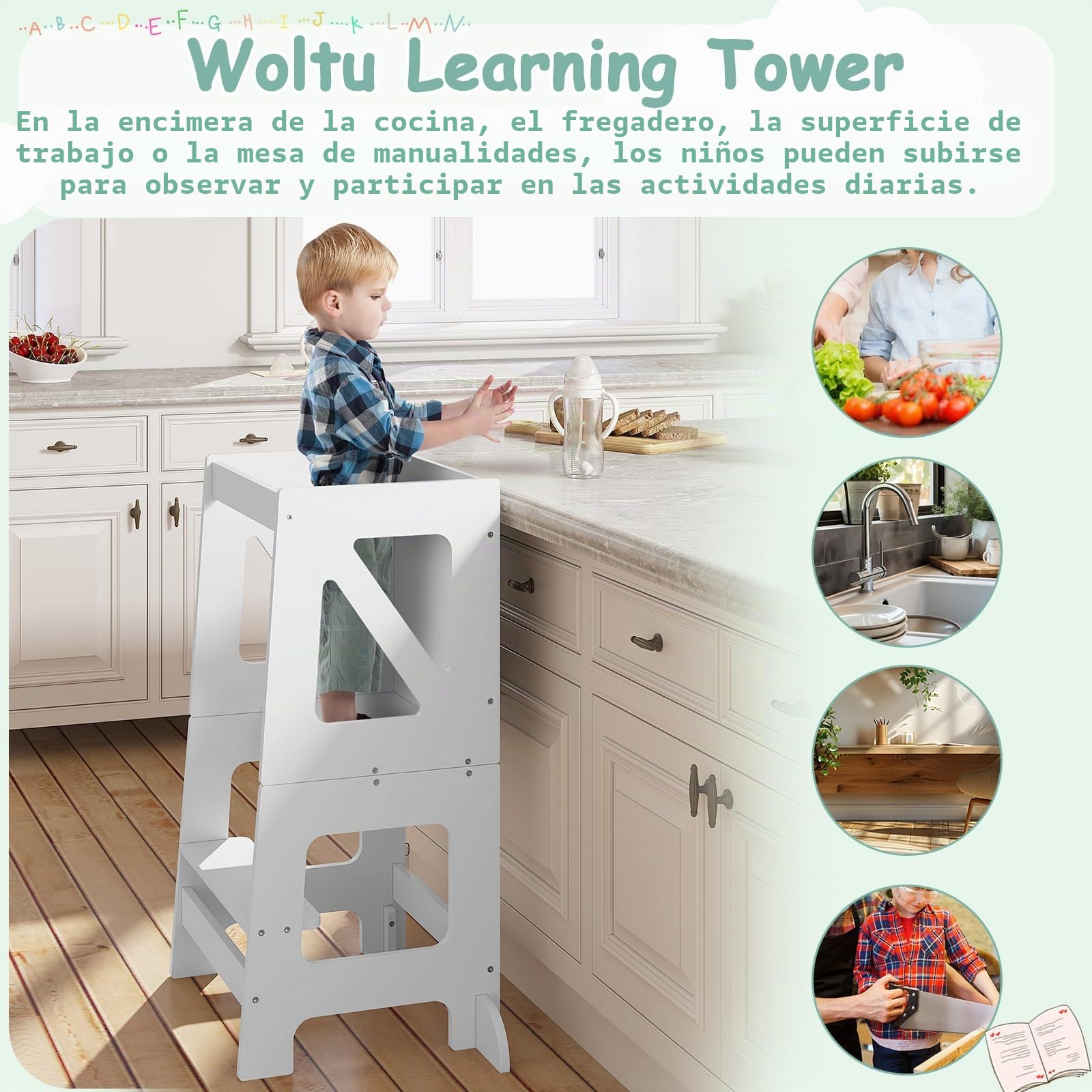 WOLTU Torre de Aprendizaje con Pizarra, Torre Montessori Plegable para Niños a Partir de 1 Año, Taburete Niños con Bordes Redondeados, Pies Antivuelco, Mueble Infantil Blanco