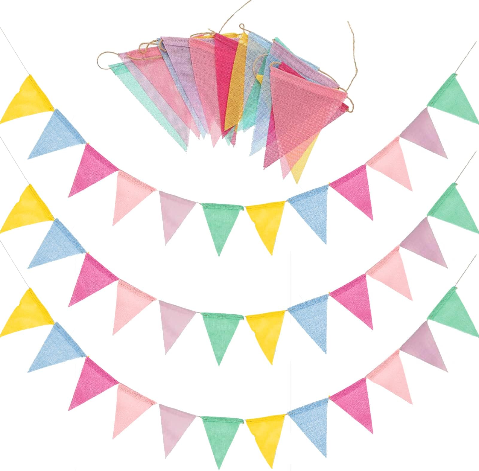 – SZXMDKH 60 Flags 68 Feet Bunting Banner, Multicolor Outdoor Waterproof Triangle Flags Imitated Linen Burlap Bunting Supply for Wedding Birthday Party Home Festival Decoration