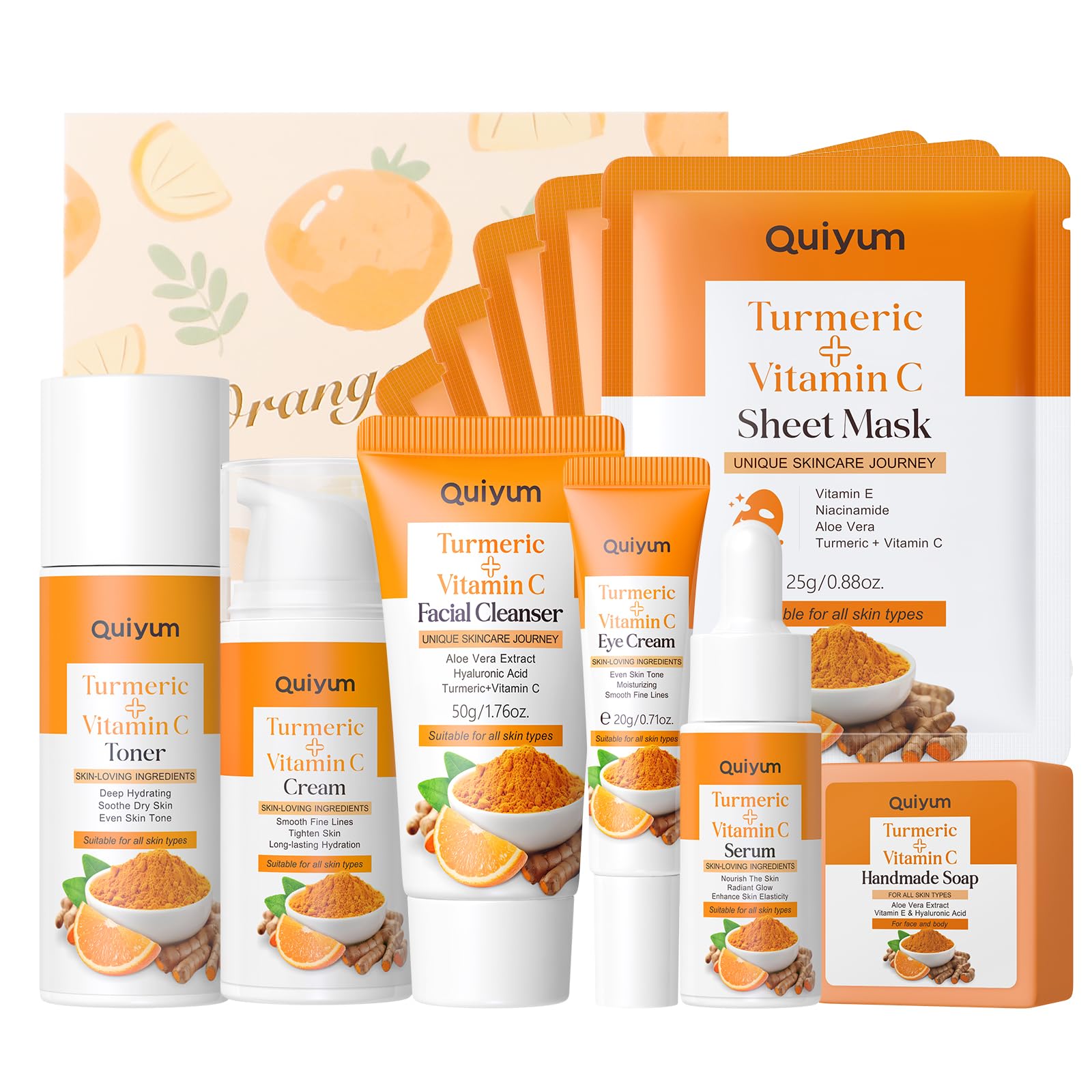 QUIYUM Set Cuidado Facial con Cúrcuma y Vitamina C, Kit de Regalo Skincare | para Mujer, Hidratante, Control de Grasa e Iluminador para Todo Tipo de Piel