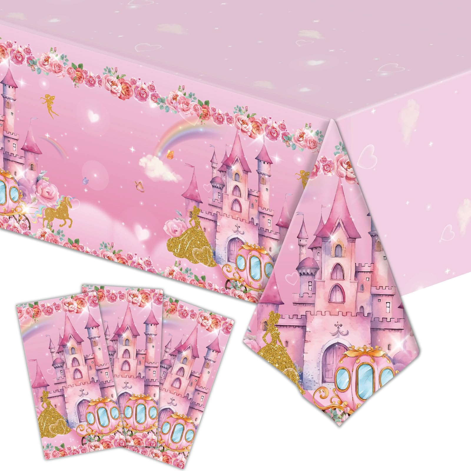 DYLZB 3PCS Pink Princess Tablecloths, Disposable Fairy Tale Castle Plastic Table Cover for Girls Birthday Party, Baby Shower Decorations, 54 x 108inch