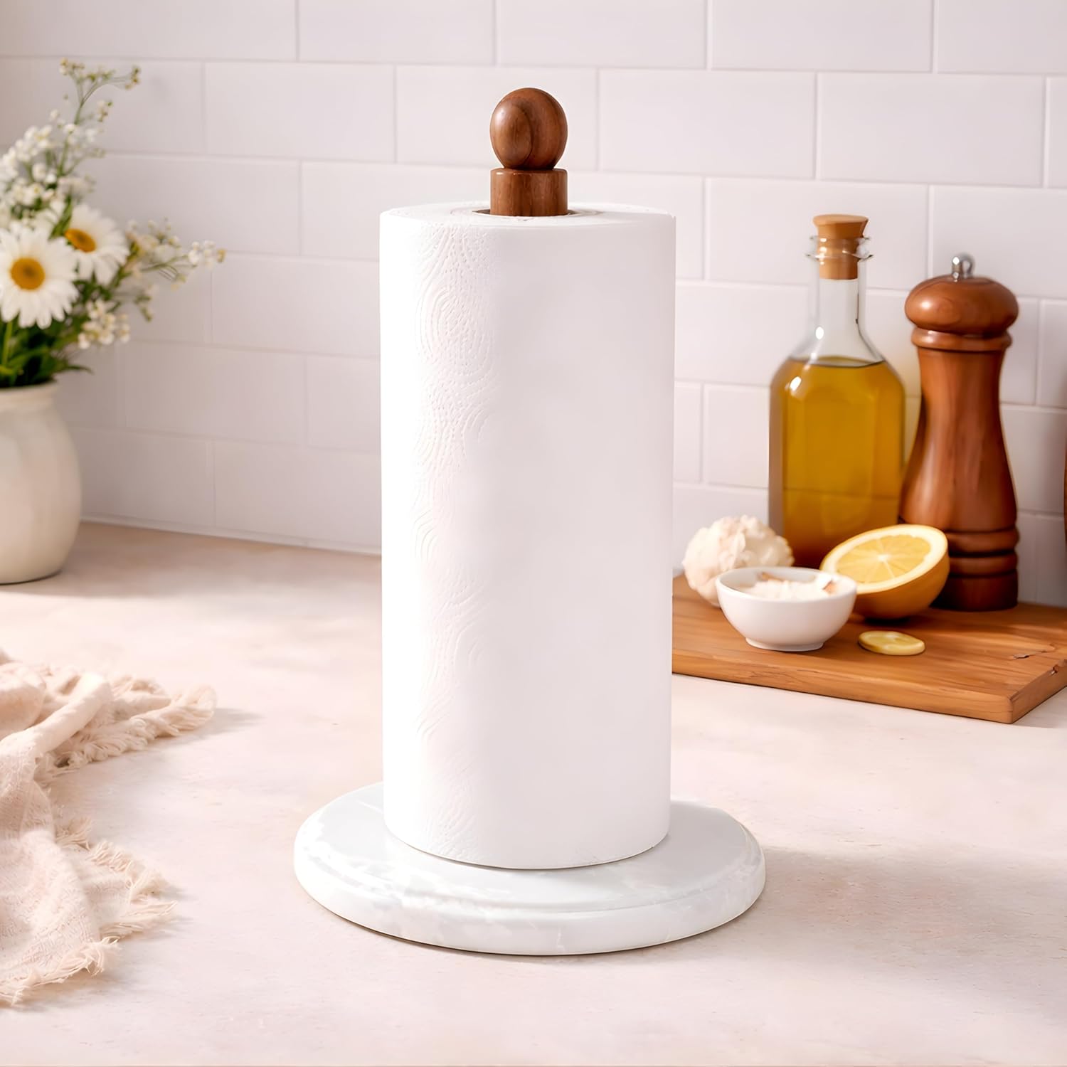 Paper Towel Holder, Marble Base Paper Towel Holder countertop, Kitchen Towel Holder, Bathroom Paper Towel Holder (White)