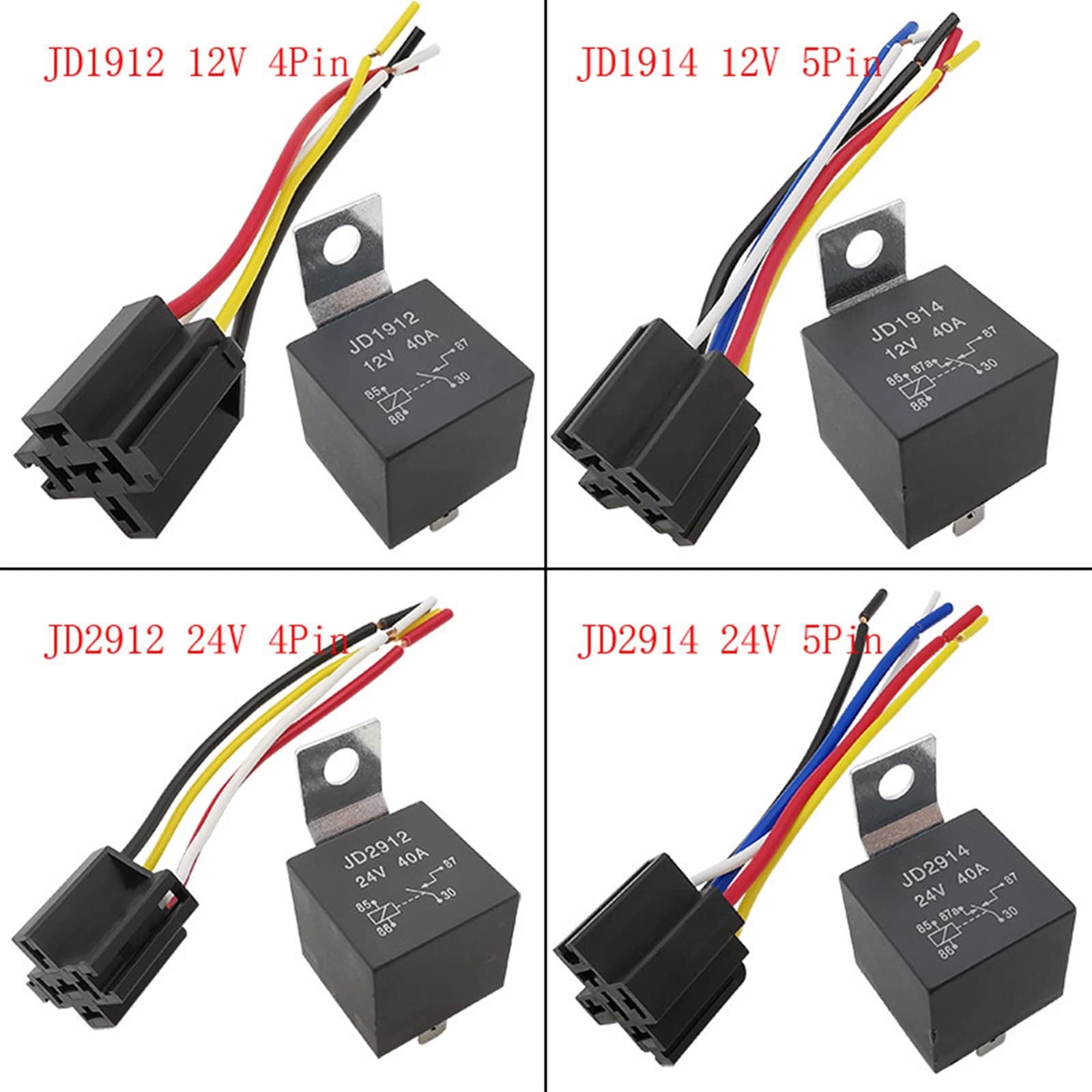 Piezas electrónicas 5 uds 4P 5Pin relé de coche a prueba de agua 12V 24V 40A relé automotriz con Terminal de cobre rojo negro relé automático con toma de relé de cable (Size : 5Pcs JD1912 12V 4Pin)