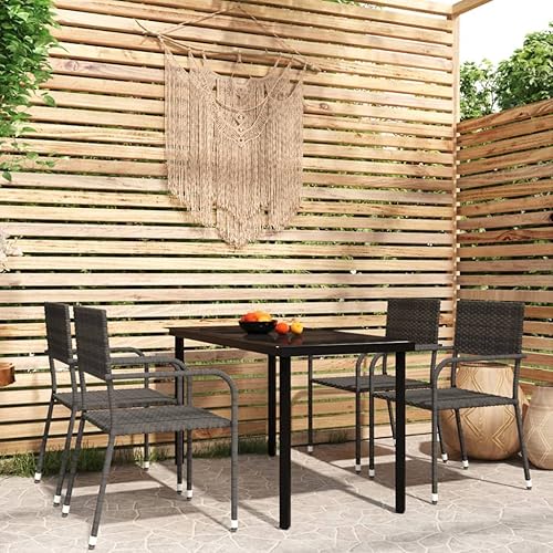 5 Piece Grey Patio Dining Set, Powder-Coated Steel Frame, PE