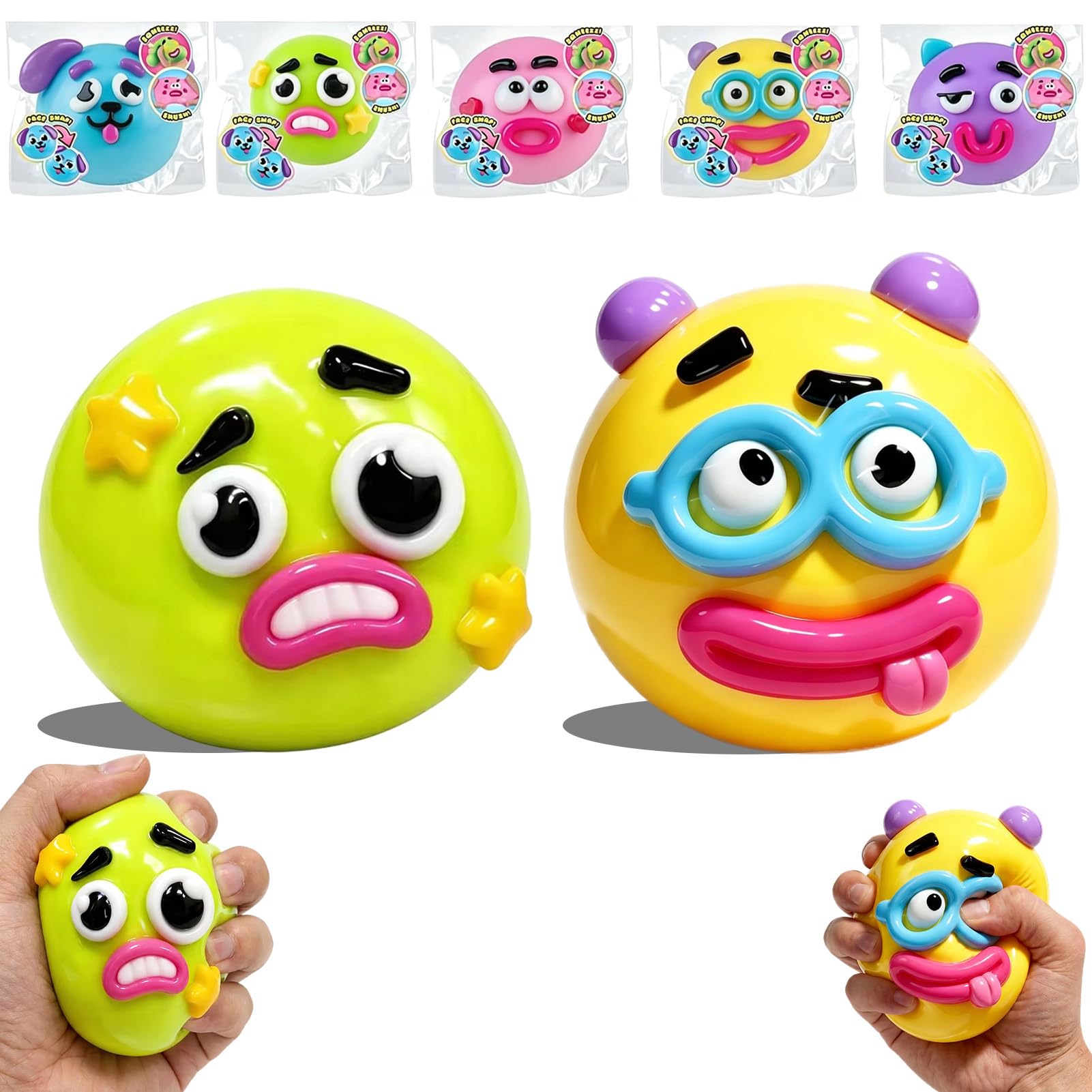 Amycute Smushers Squishy Stress Relief Squeeze Balls, Cute Animal Funny Face Fidget Toys, Soft TPR Anxiety Relief Toys for Kids & Adults, Sensory Toys for Party Favors Classroom Rewards(Green+Yellow)