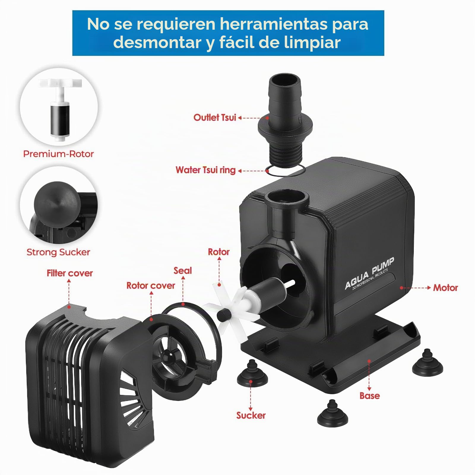 Bomba de agua para acuario, bomba sumergible de 1500 l/h, para estanque, pozo, ultra silenciosa con filtro y 2 boquillas de 13 mm/16 mm, altura máxima de extracción de 1,6 m(15 W)