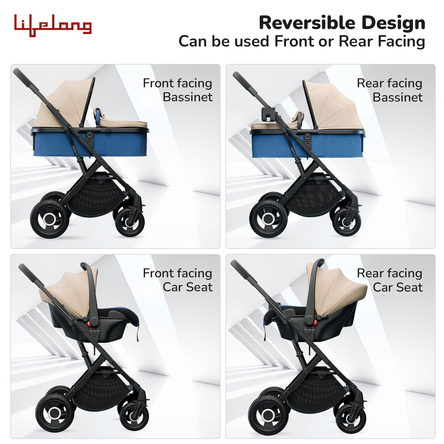Lifelong Cuppy Baby Strollers 0 to 3 Years - 4 in 1 Stroller/Pram,Car Seat,Bassinet & Carry Cot - Sturdy Stroller with Bottle Holder & Mosquito Net|Foldable & Pram,Blue Beige - Image 5 thumbnail