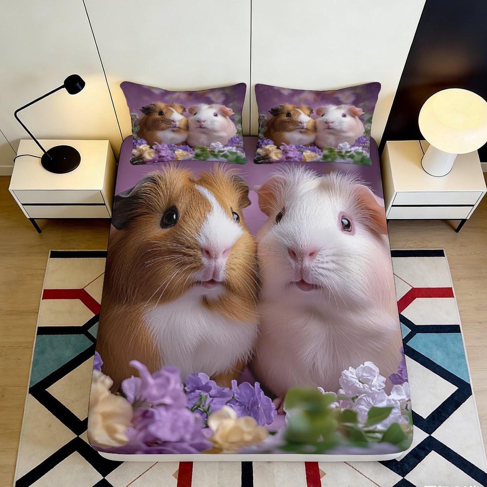 3D Printed Guinea Pig Fitted Sheet for Bedroom, Microfiber Soft Touch Bed Cover, Durable, Wrinkle Resistant, Guest Room Bedding 90x200x25cm