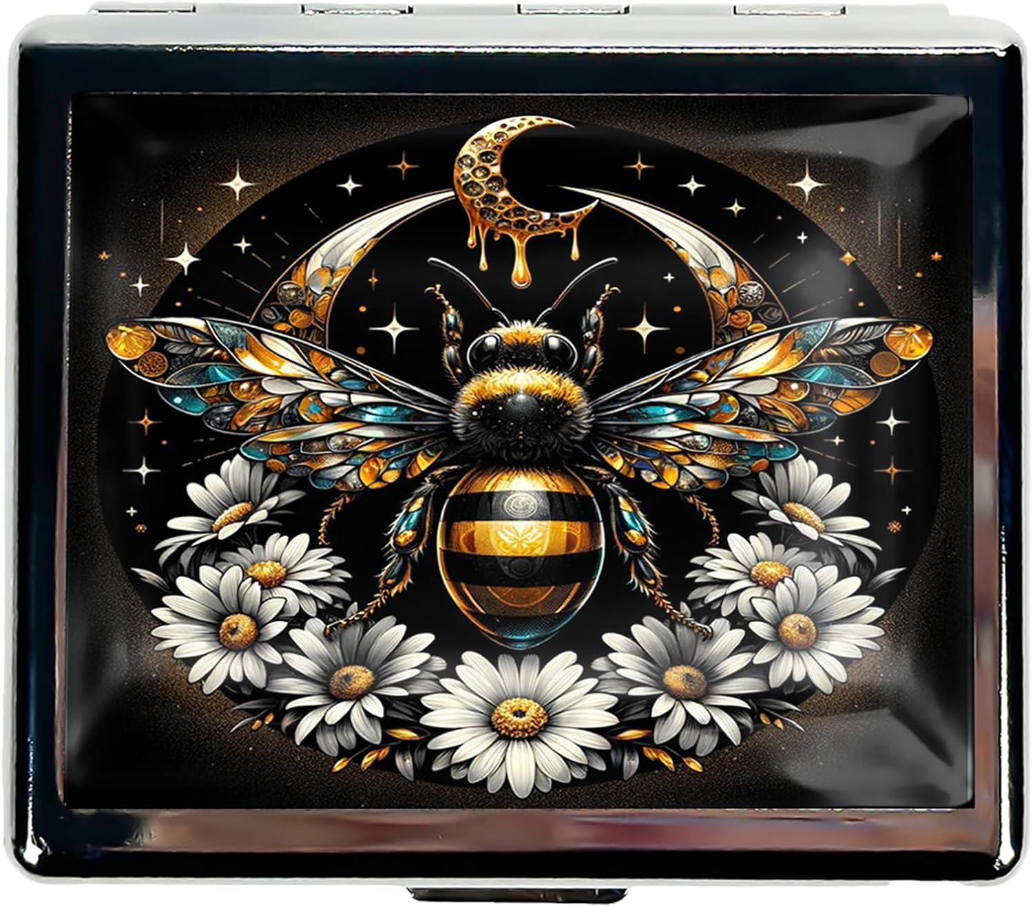 Cute and Stylish Metal Pill Box - Compact Portable Pill Organizer with 8 Compartments, Food-Grade Divider, Ideal for Travel, Vitamins, Jewelry, Cosmetics (Celestial Bee) image 2