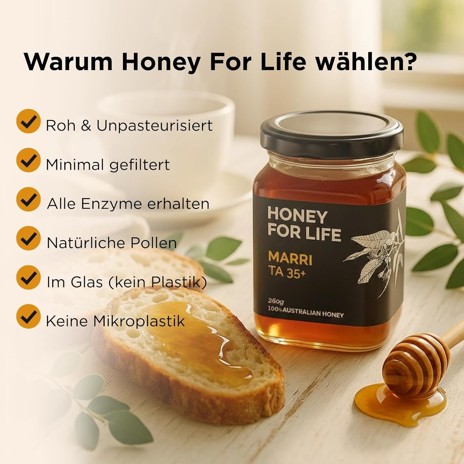 Honey for Life Marri Honig TA35+ ~ 2x stärker als Manuka Honig 550 MGO (>= MGO 1125+) | Westaustralien Rohhonig, Zertifiziert im Glas | Übertrifft Honig Manuka Honig 1000 MGO - 260g