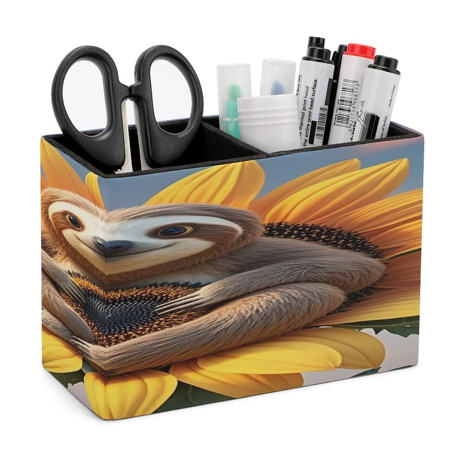 VstaDank Sloth Sitting on Sunflower Pencil Holder for Desk(Double Slots) Fashion Leather Pencil Cup Simple Rectangular Shape Pen Holder Multi-Functional Pen Cup for Home Office Supplies Storage