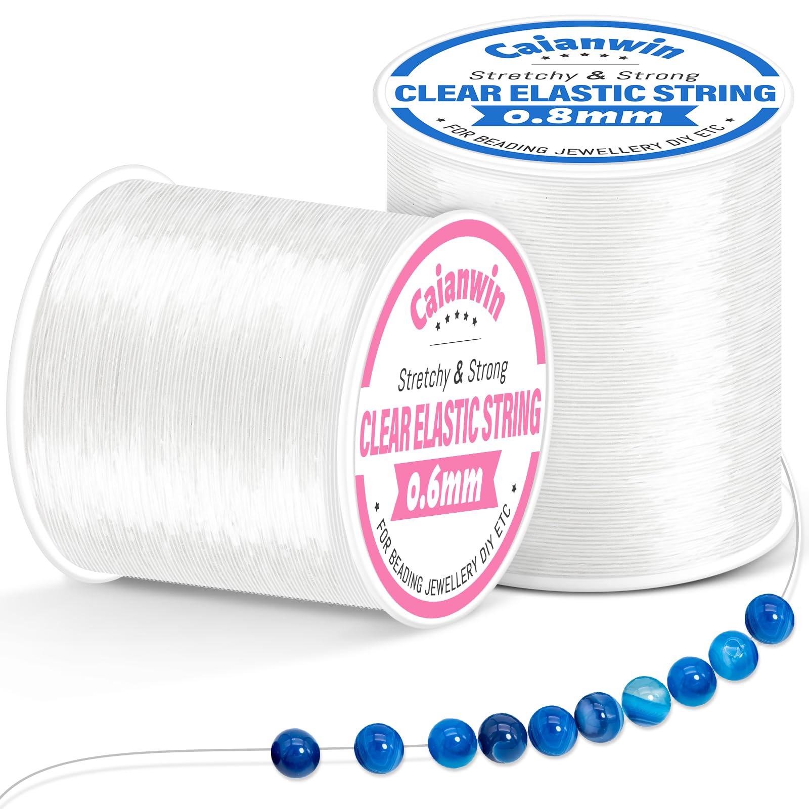 Caianwin 200M Elastisches Band für Armbänder 0.6mm und 0.8mm 100m/Spool Elastische Schmuckfaden Set, Armband Schnur Transparente Schmuckfaden für Armbänder Basteln Schnüre & Fäden