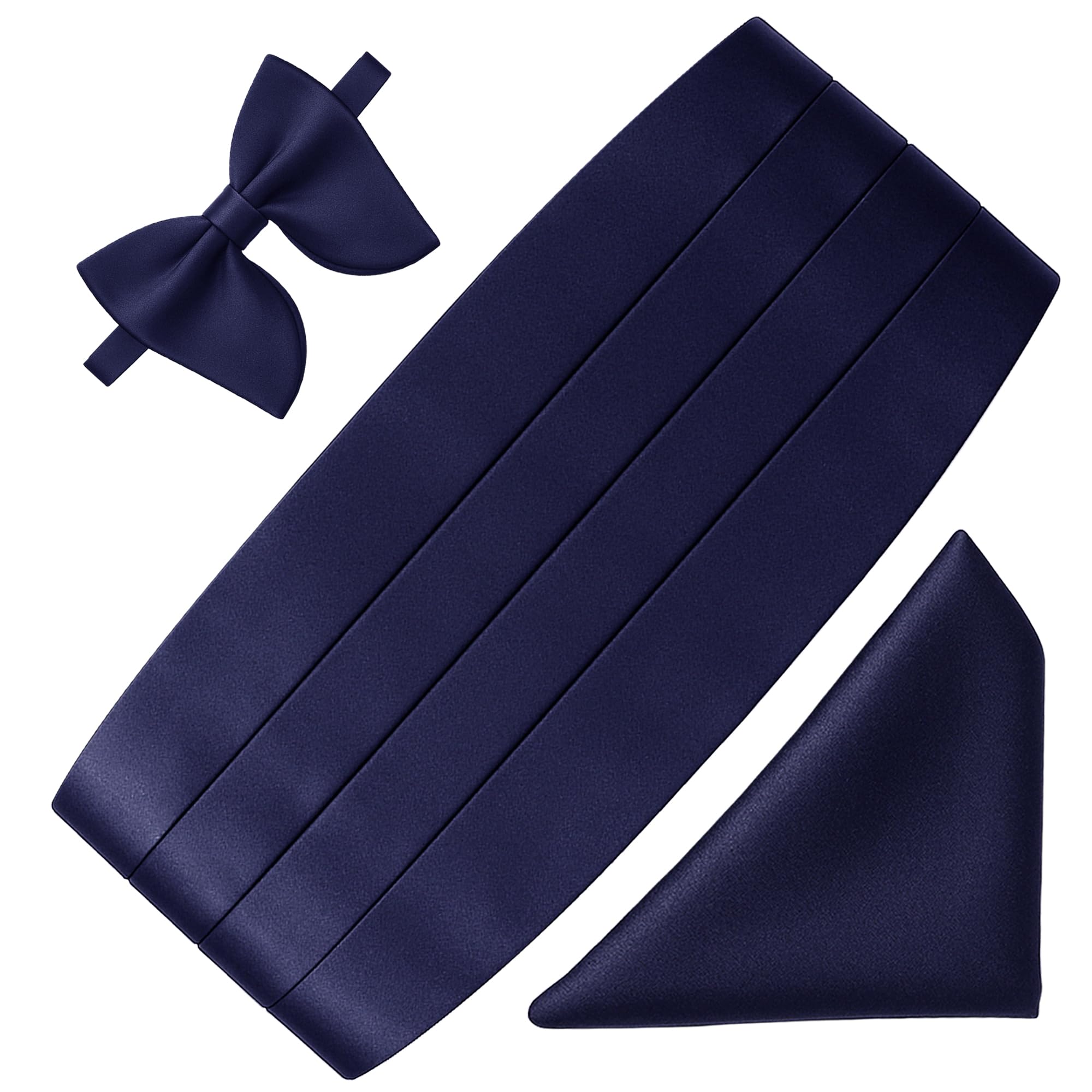 Men's Satin Cummerband, Butterfly Bow Tie and Pocket Square Set Navy Blue