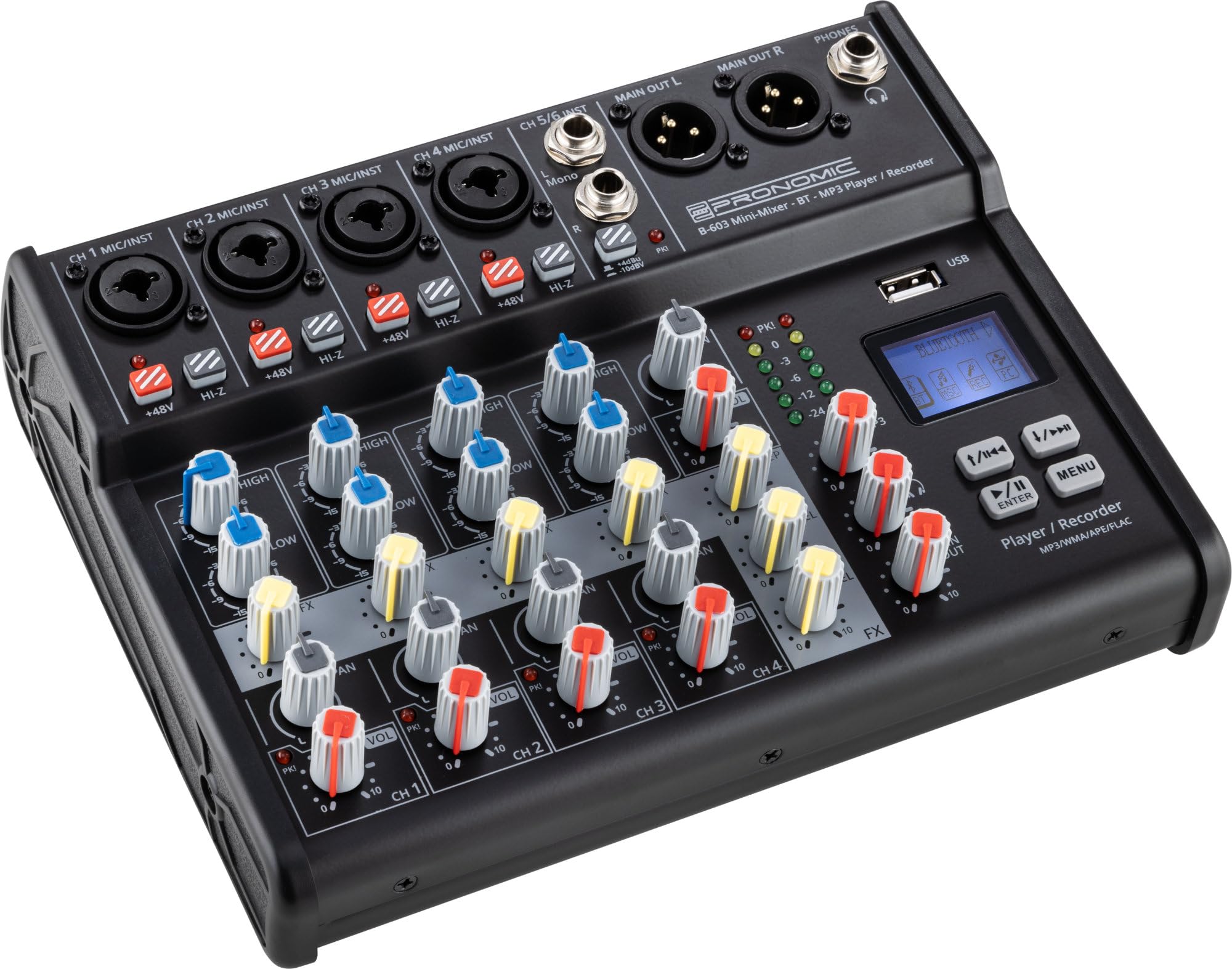 Pronomic B-603 Mini-Mixer mit Bluetooth und USB-Recording - Kompakter 6-Kanal Mixer - 4 Kanäle mit Combobuchsen, Phantomspeisung und Hi-Z Schalter - USB-Port - Main-Ausgänge im XLR-Format - Schwarz