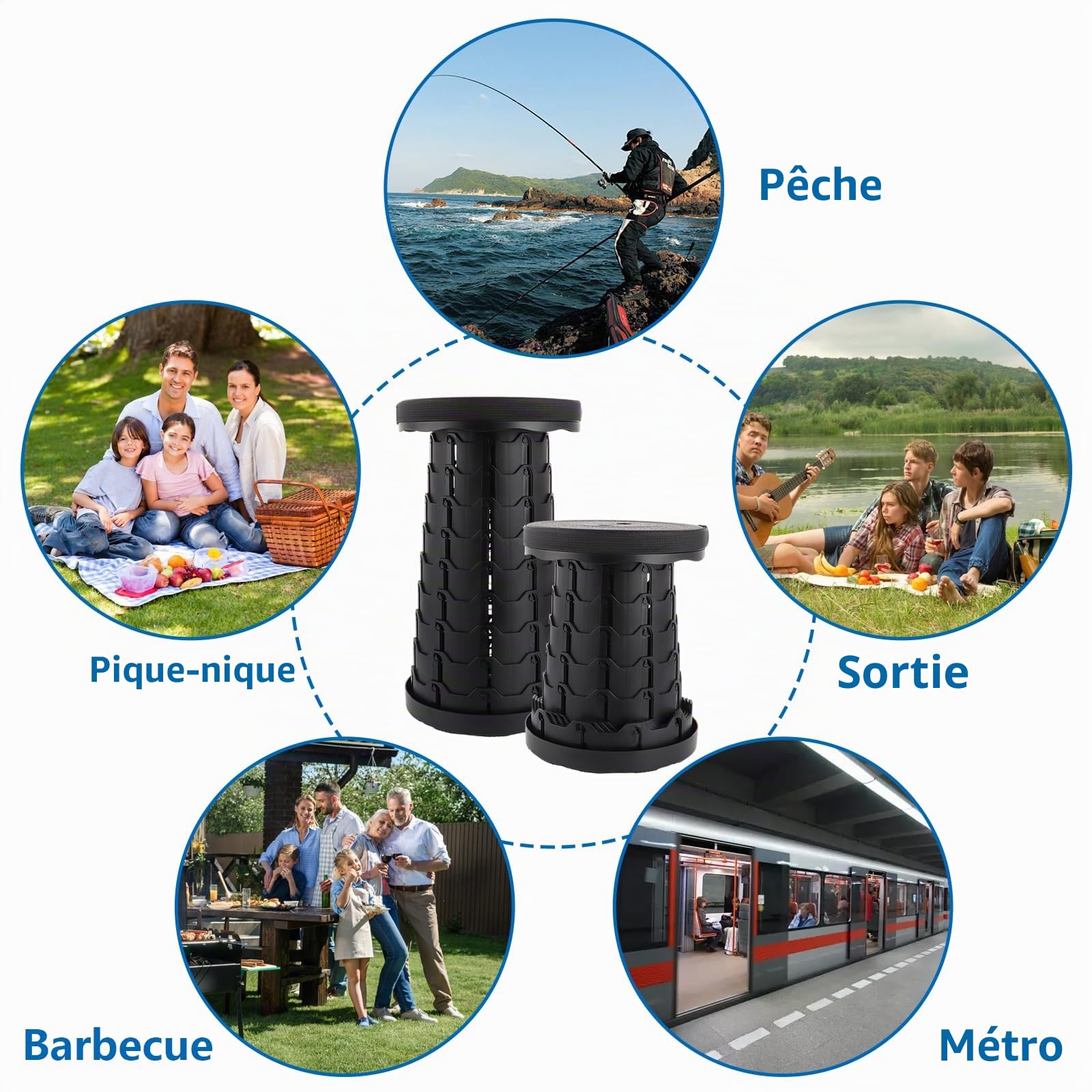 DAJAVE Lot de 2 tabourets télescopiques pliables et portables avec grande capacité de charge - Pour l'extérieur, le camping, la pêche, les familles en intérieur - Noir