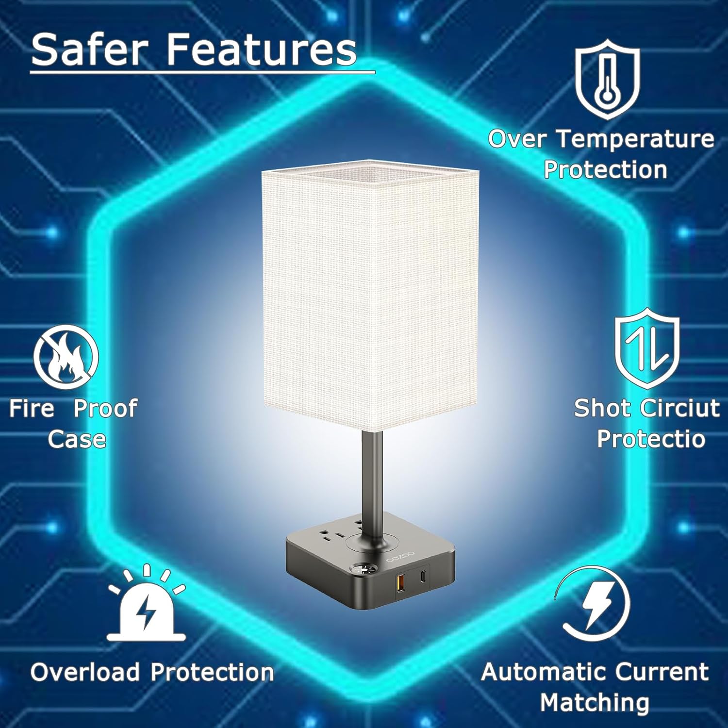 Table Lamp Dimmable cozoo USB Bedside Table Desk Lamp with 2 USB Charging Port(A+C) 2 Outlet,Nightstand Lamp with Charger Base White Fabric Shade,LED Touch Lamp for Bedroom/LivingRoom/Dorm/Home Office