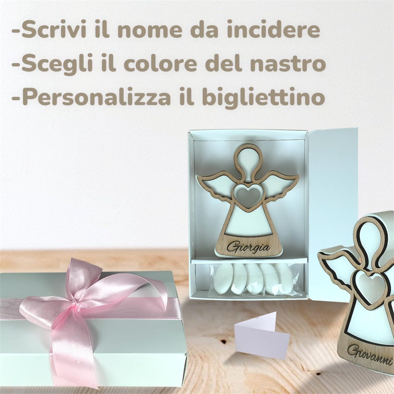 D A N A E FRAGRANZE ITALIANE Angelo in Legno e Polvere di Marmo, Personalizzabile, 10 x 9 cm, con Scatola Regalo, Confetti, Bigliettino e Nastro, Bomboniera per Battesimo, Comunione.
