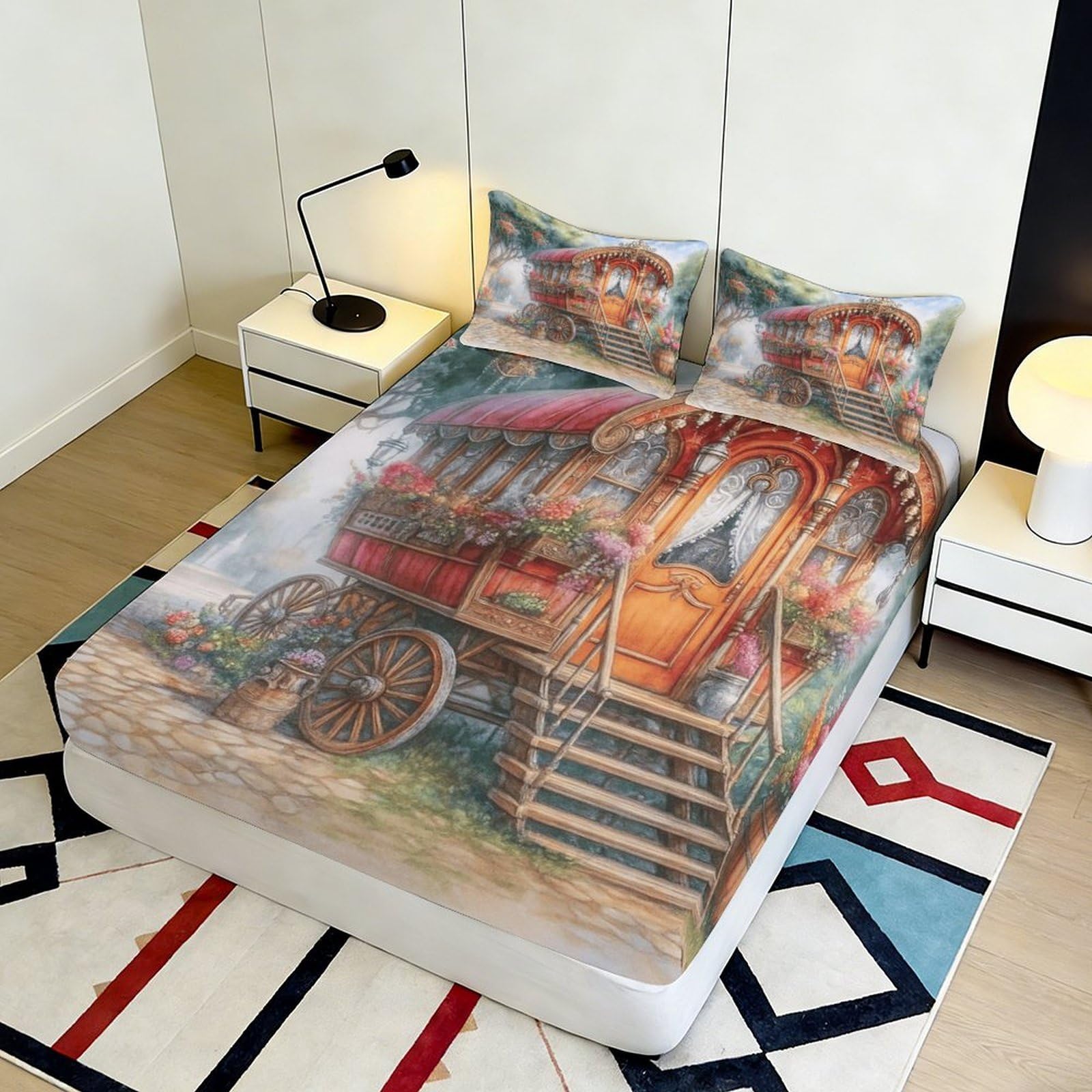 Sábana bajera ajustable con estampado 3D para caravana, funda de cama de