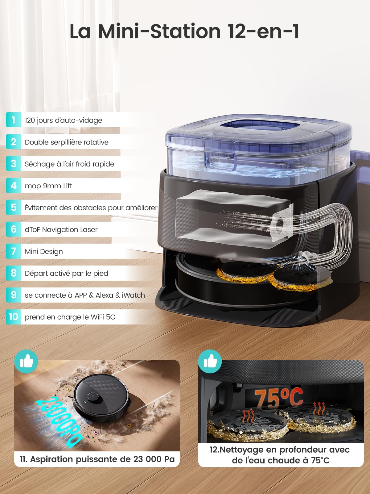 Lefant M3Ultra Robot Aspirateur Laveur, Station Auto-Nettoyage, Navigation Laser dToF 15m, Aspiration 23000Pa, Autonomie 220min, Lavage 75℃, Séchage Froid, Évitement d'obstacles PSD, WiFi 5G