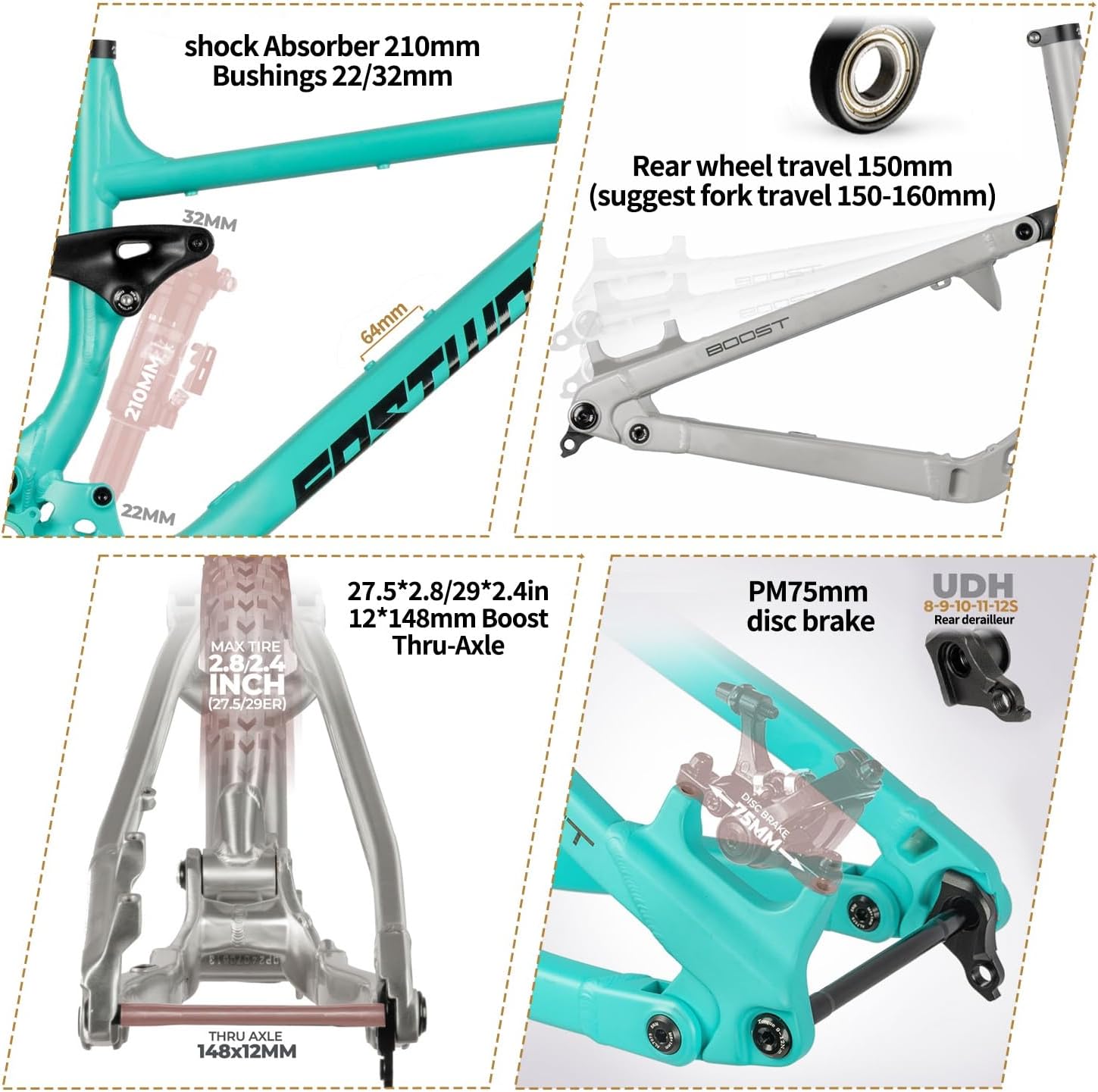 27.5er 29er Full Suspension Mountain Bike Frame 15.7" 16.5" 17.7" Soft Tail Enduro/AM/FR Frame Aluminium Alloy Disc Brake Frame Travel 150mm 12 * 148mm Boost Thru Axle(Dark Gray,29 * 15.7")