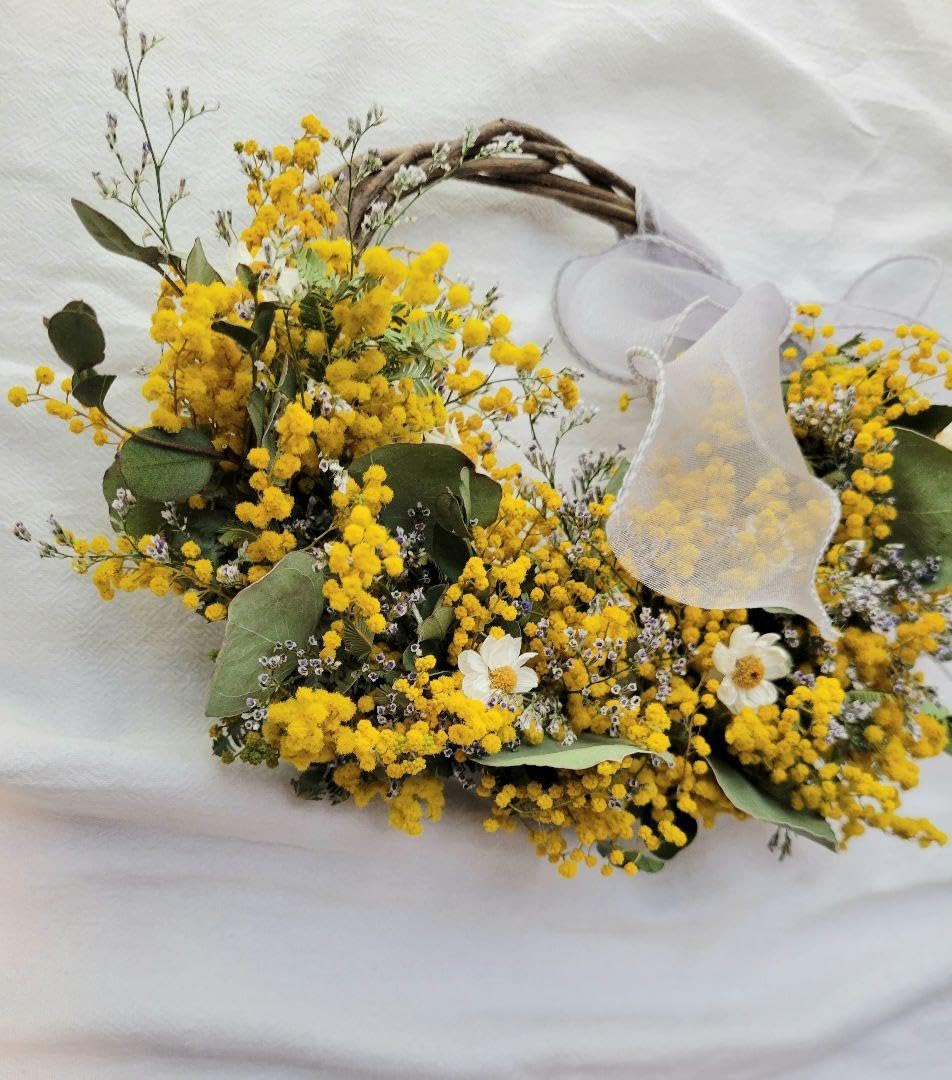 ミモザとレモンイエロー　ドライフラワーハーフリース 小さいミモザ風リース ドライフラワー ナチュラルリース オール