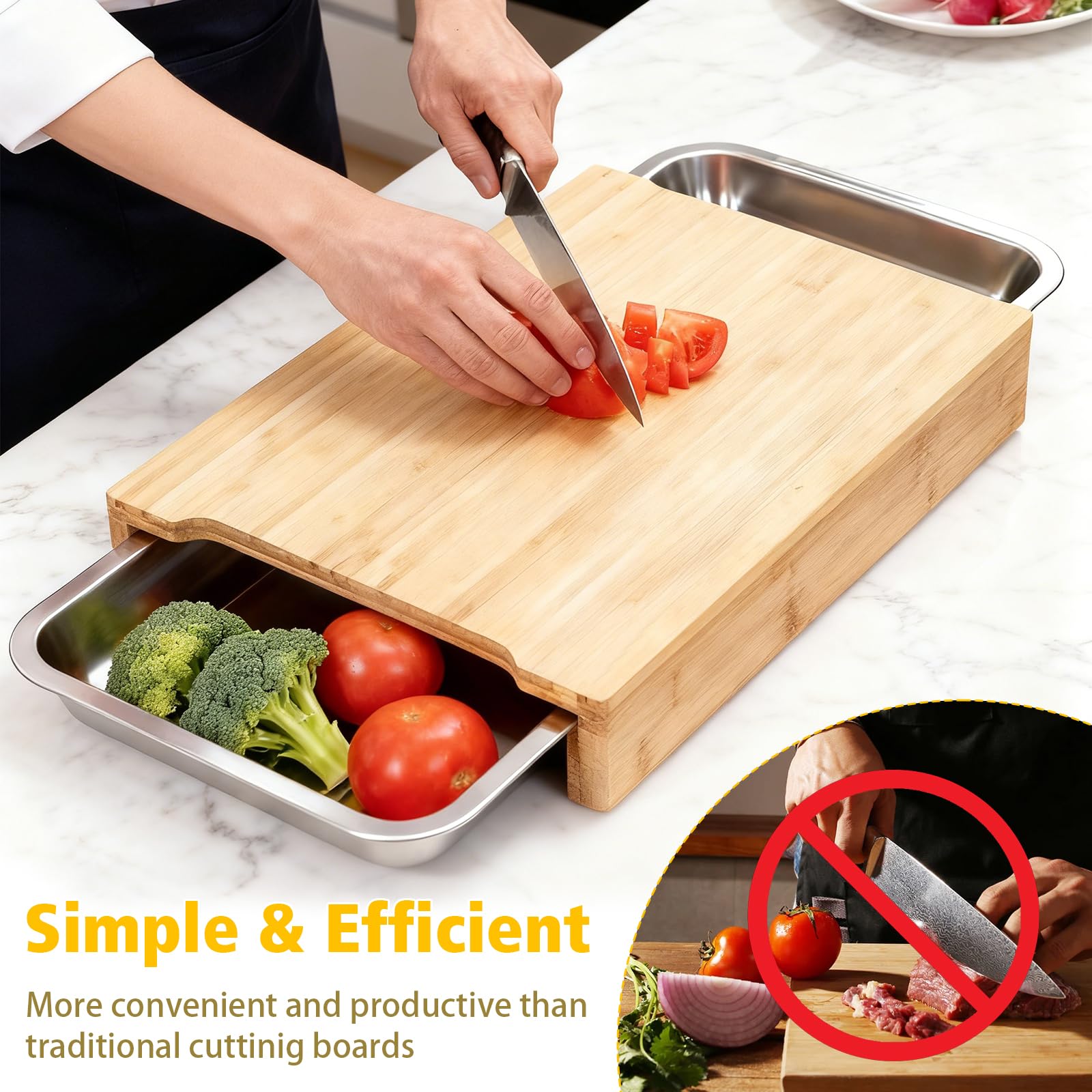 Tabla de cortar de bambú, tabla de cortar de cocina con 2 bandejas deslizantes de acero inoxidable para preparación de alimentos, carne, verduras