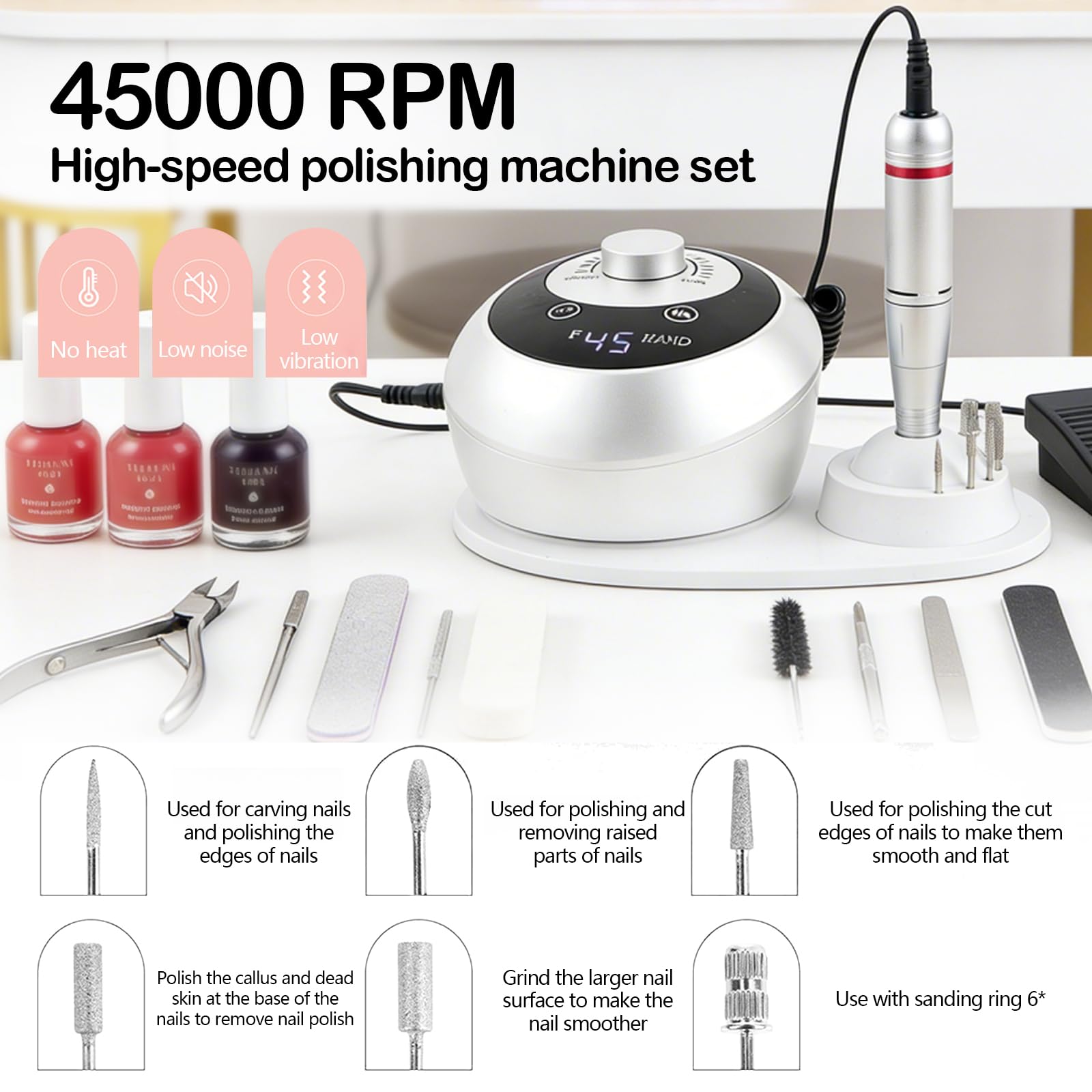 Taladro de Uñas, Torno para Uñas Profesional de 45000 RPM Para Uñas de Gel Juego de Manicura Eléctrico con Pedales Pantalla LED 6 Brocas para Uso Doméstico y Salones de Uñas