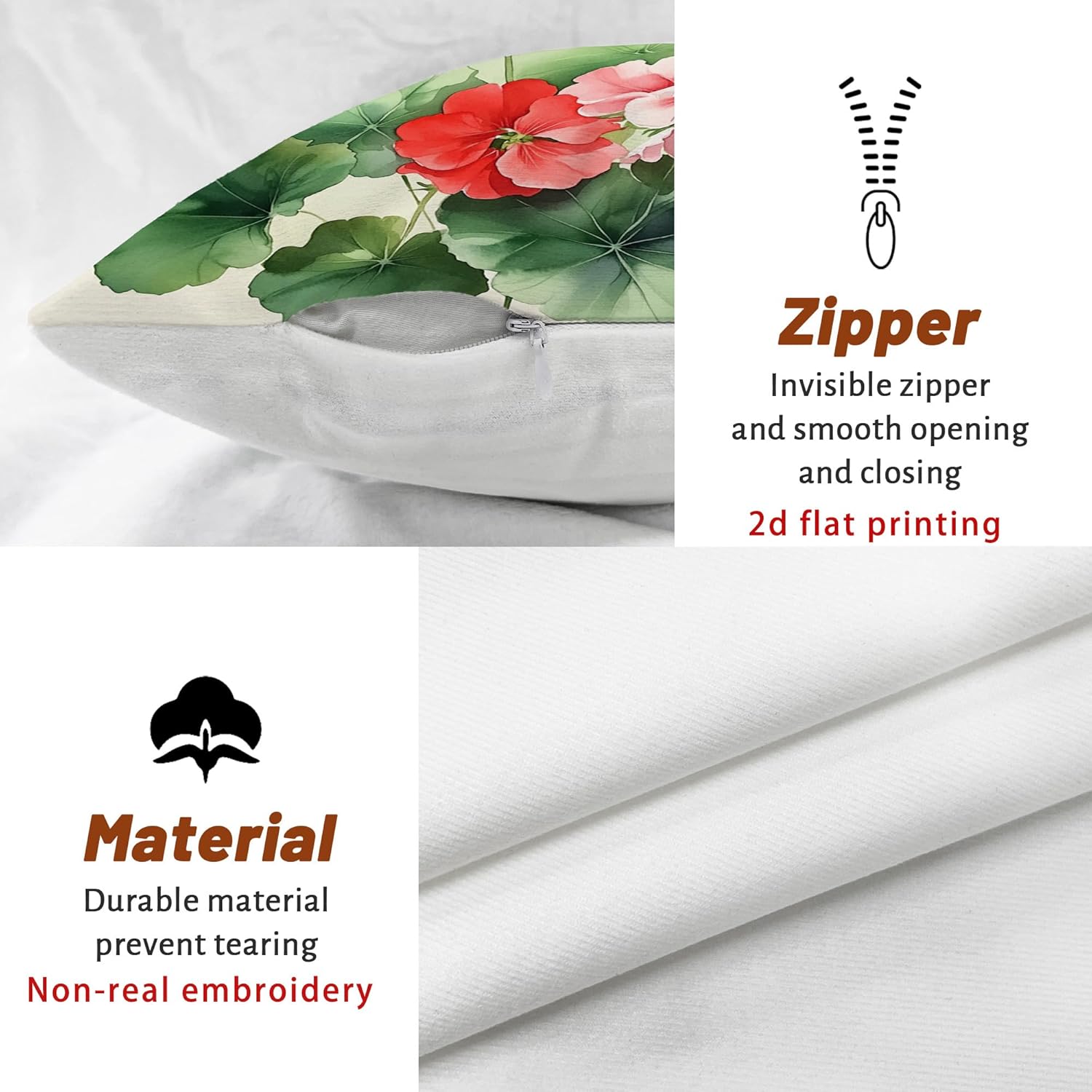 Geraniums Pillow Covers Set of 2, Red and Peach Flower Printed Throw Pillow Cases, Spring Decorative Cushion Covers for Home Sofa Couch Outdoor Decor 24x24 Inch