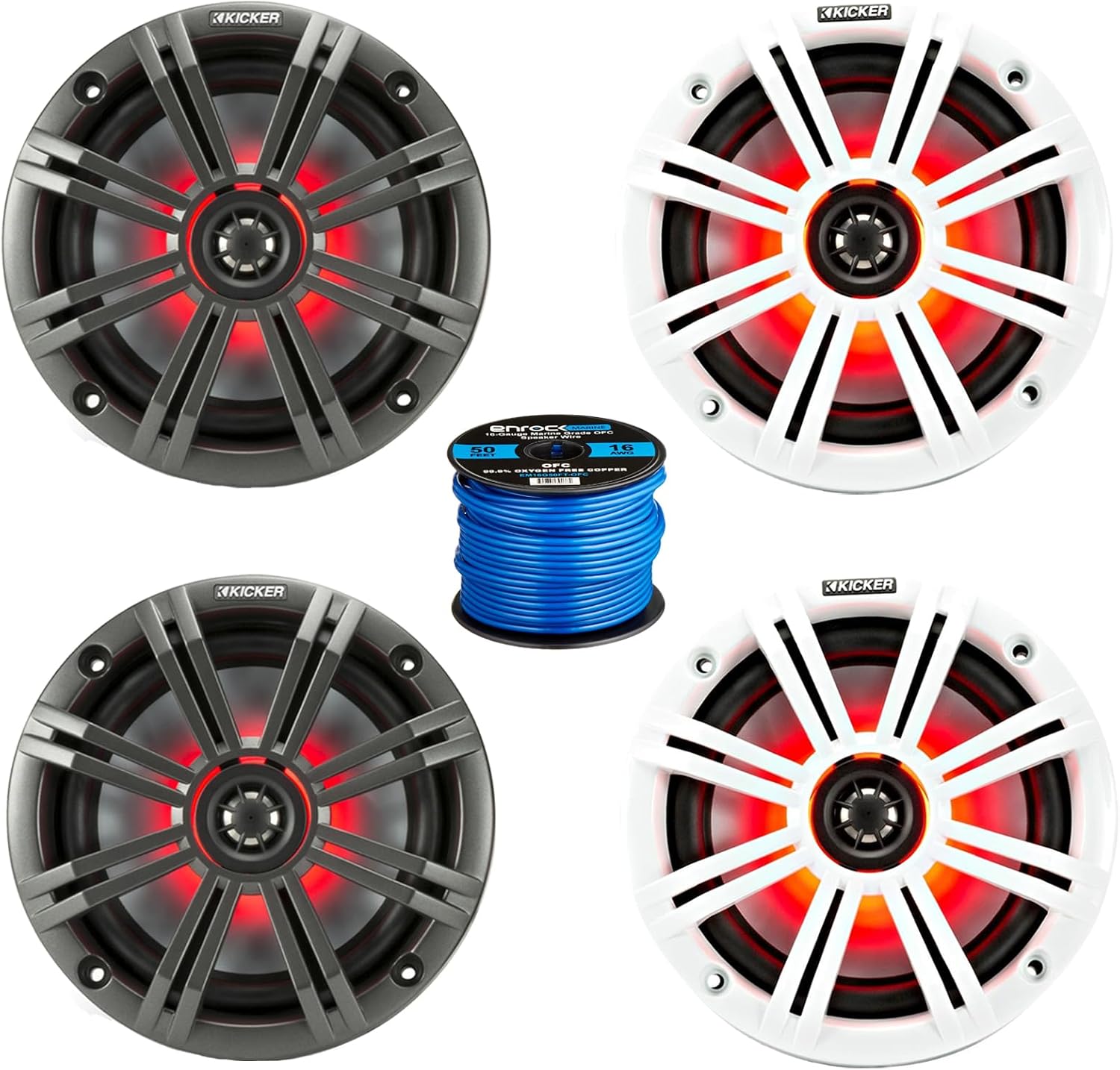 2 Pair (Qty 4) of Kicker KM 6.5" 195 Watt Peak Power Marine Multi Color LED Coaxial Boat Speakers with Charcoal and White Grilles, Speaker Wire