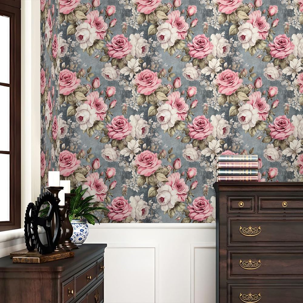 REDAMANCY Vintage Pink White Rose Floral Grey Peel and Stick Wallpaper Stick on Contact Paper Vintage Wall Paper Easy Peel Off for nightstand Drawer Cabinet Renter