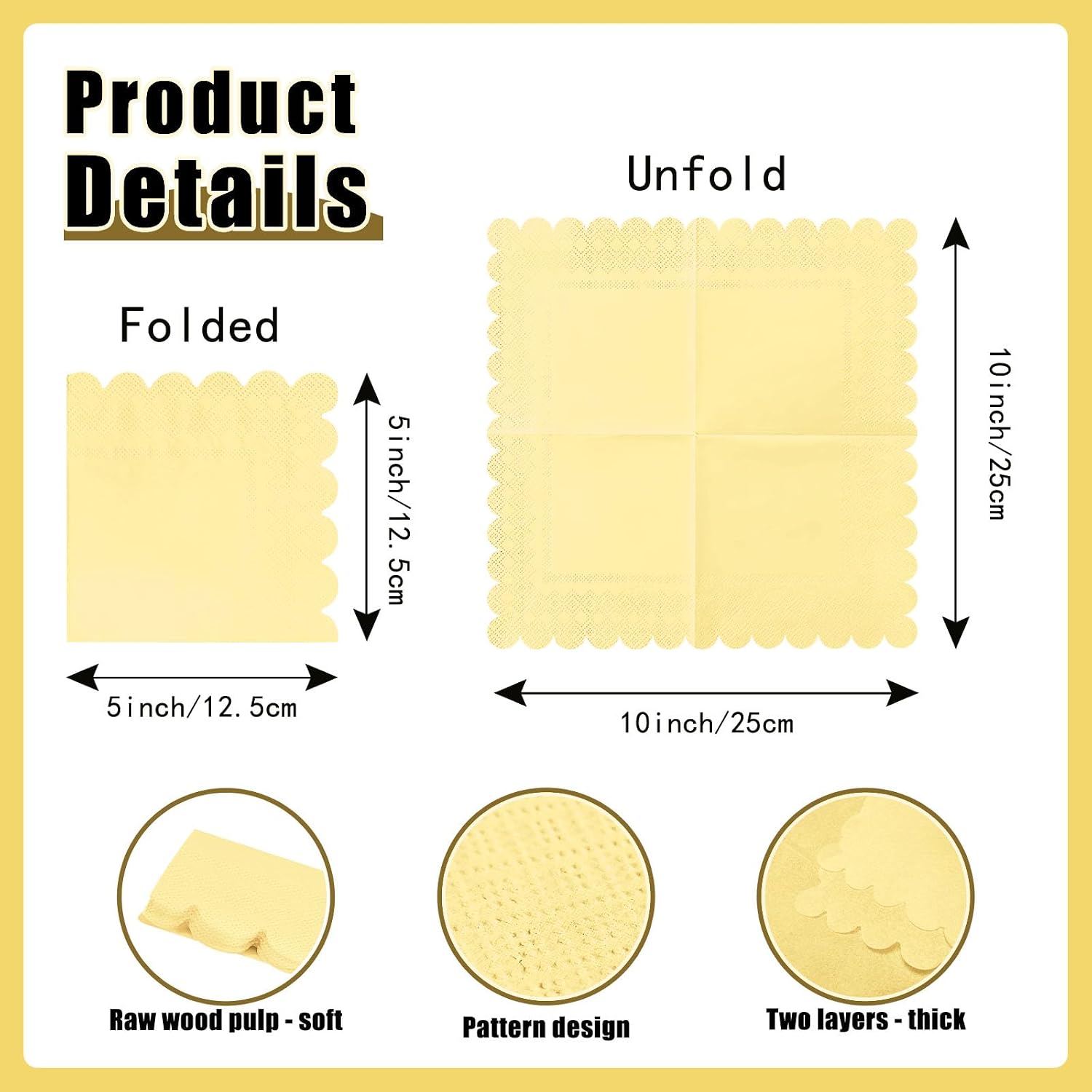 100 Pieces 2-Ply Yellow Scalloped Napkins Folded 5 x 5 inch Disposable Cocktail Napkins Paper Napkins for Dinner Wedding Birthday Party Yellow Beverage Napkins