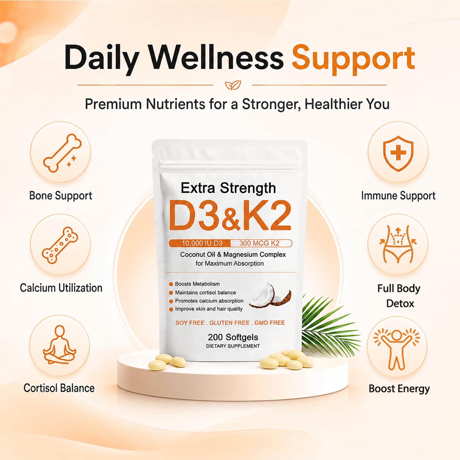 D3 K2 Magnesium Supplement, D3 K2 Vitamin 10000 IU Softgels, Promote Calcium Absorption, Cortisol Balance, Boost Metabolism, Extra Strength Triple Magnesium & Coconut Oil, 200 Softgels (1) (1) — Amazon image 2