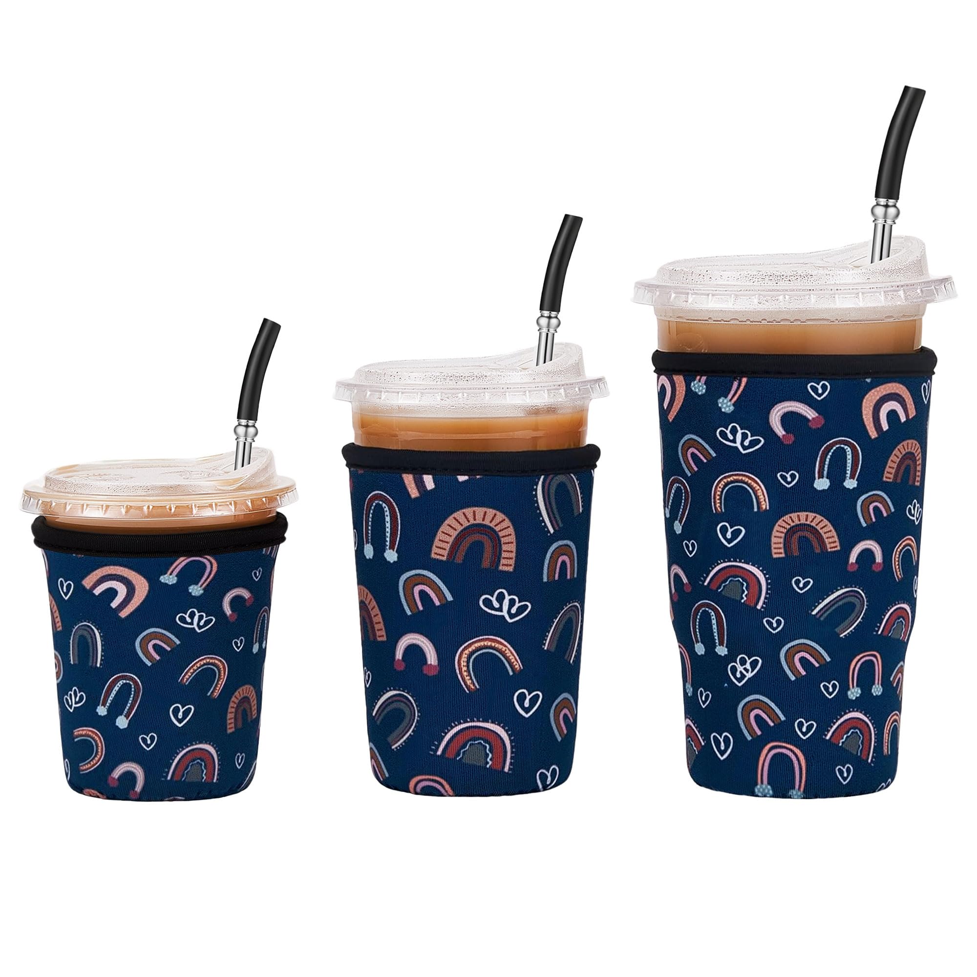 Cavllson 3 Pack Iced Coffee Sleeve Reusable - Neoprene Insulated Cup Sleeve for Cold and Hot Drinks 16-32oz, Keeps Hands Dry and Drinks Cold - Rainbow