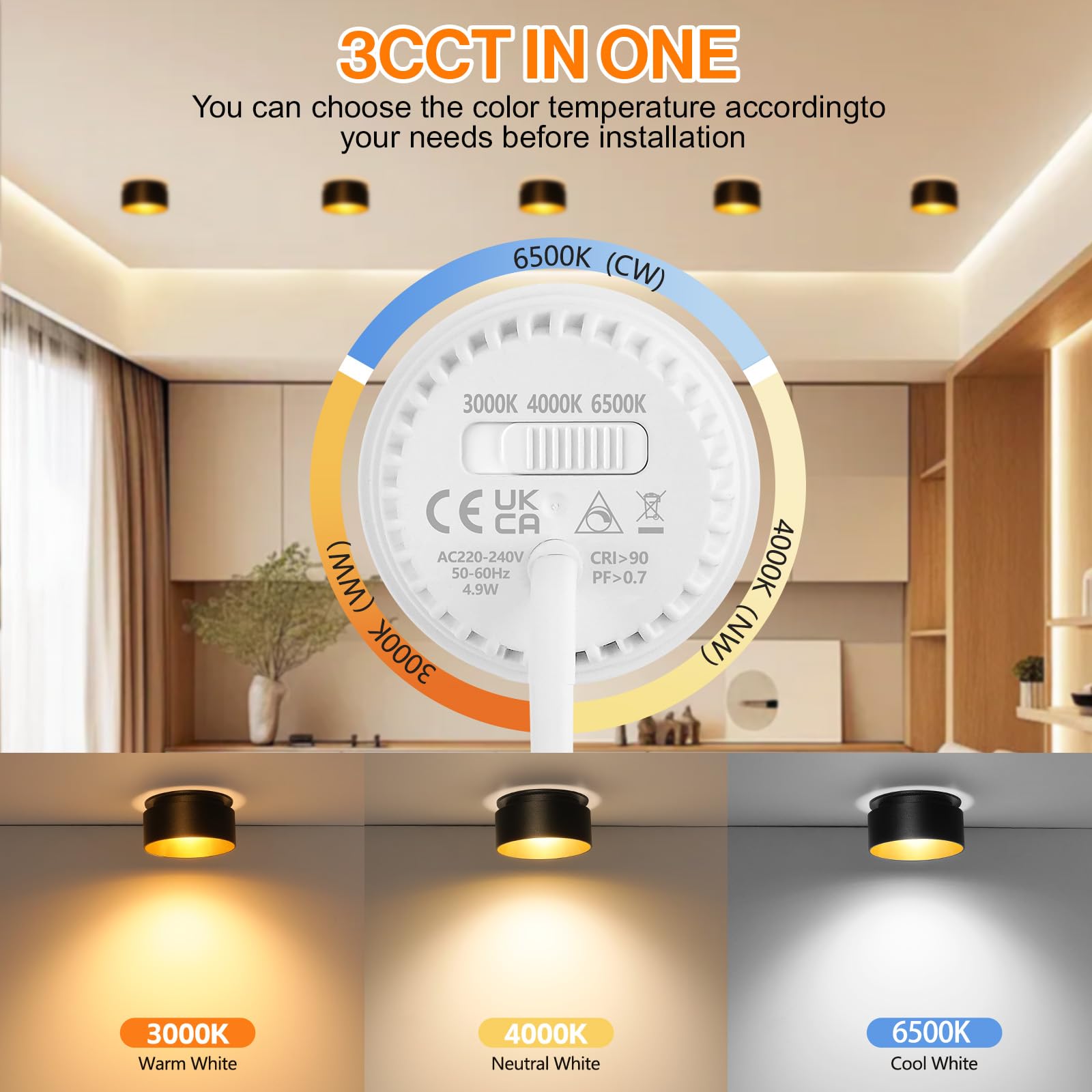 KYOTECH Faretti led Soffitto Moduli LED Sostituibili,Faretto Led Interno Dimmerabile,Regolabile 3000K/4000K/6500K,Faretti Led da Incasso per Cartongesso, 4.9W 500LM,Diametro Foro 65-68mm Set di 4