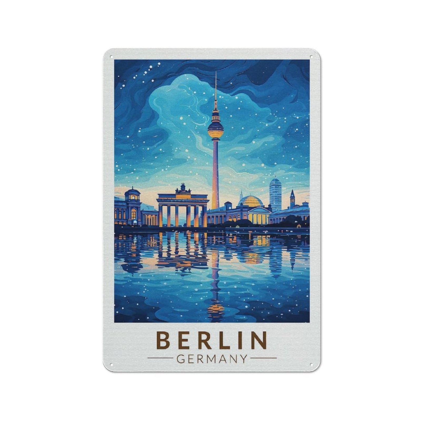 Junmoney Style-18 Decorative Tin Plaque With Berlin Skyline At Night Design 30X20cm, Nostalgic Home Bar Decor For Bar, Kitchen, Garage Or Games Room