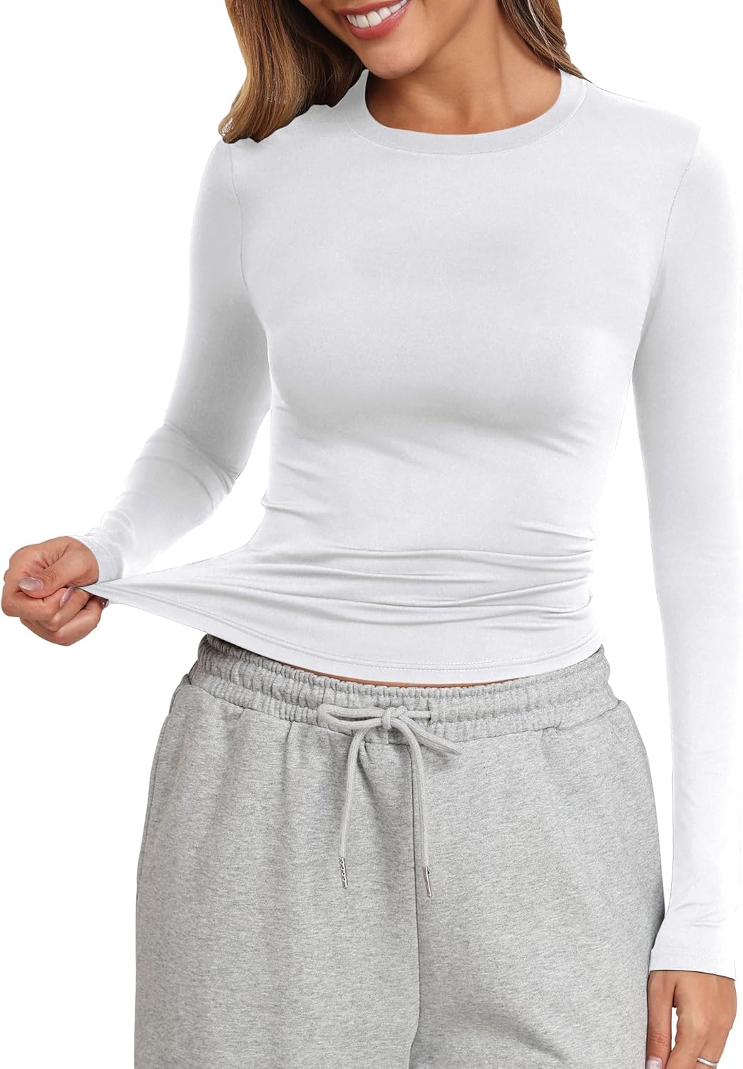 PALINDA Fitted Long Sleeve Shirts for Women Crew Neck Basic Stretchy T-Shirts Casual Layering Tee Shirt Crop Tops