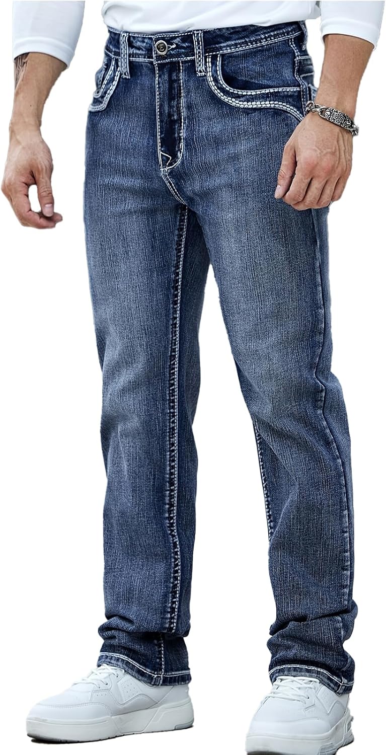 Men's Embroidered Relaxed Fit Jeans with Comfort Flex Waist Stretch Denim Casual Jeans Unique Design Classic Fit for Men