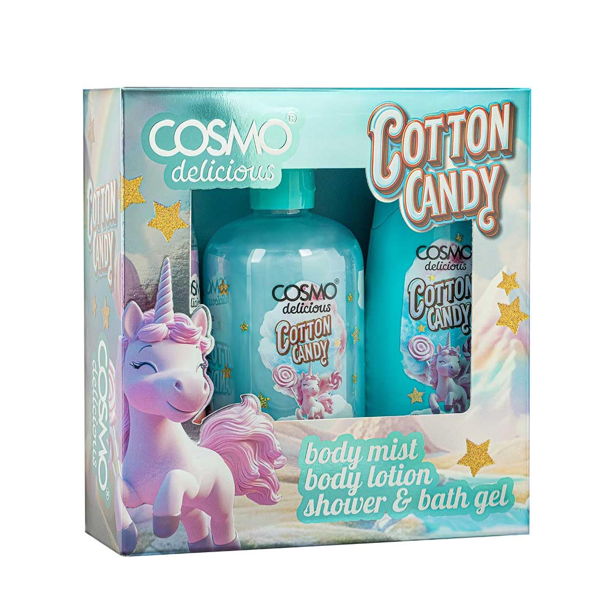Cosmo Skin Care Delicious Cotton Candy 3 Pieces Gift Set For Women & Men, 150ml Fragrance Mist, 350ml Aloe Vera Shower Gel, 200ml Shea Butter Body Lotion, Sweet Scent, Unicorn Themed Pampering Kit