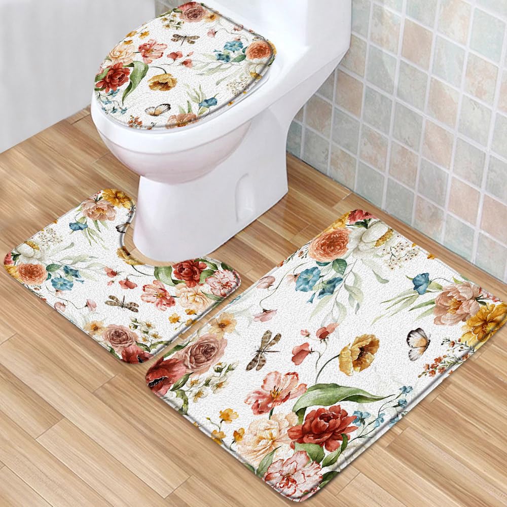 3pcs/Set Spring Flower Bath Rugs Watercolor Floral Butterfly Dragonfly Green Leaves Plant Scenery Pattern Print Low Pile Memory Foam Bathroom Decor Rug U Shape Mat Toilet Lid Cover 17.7 x 29.5 Inch
