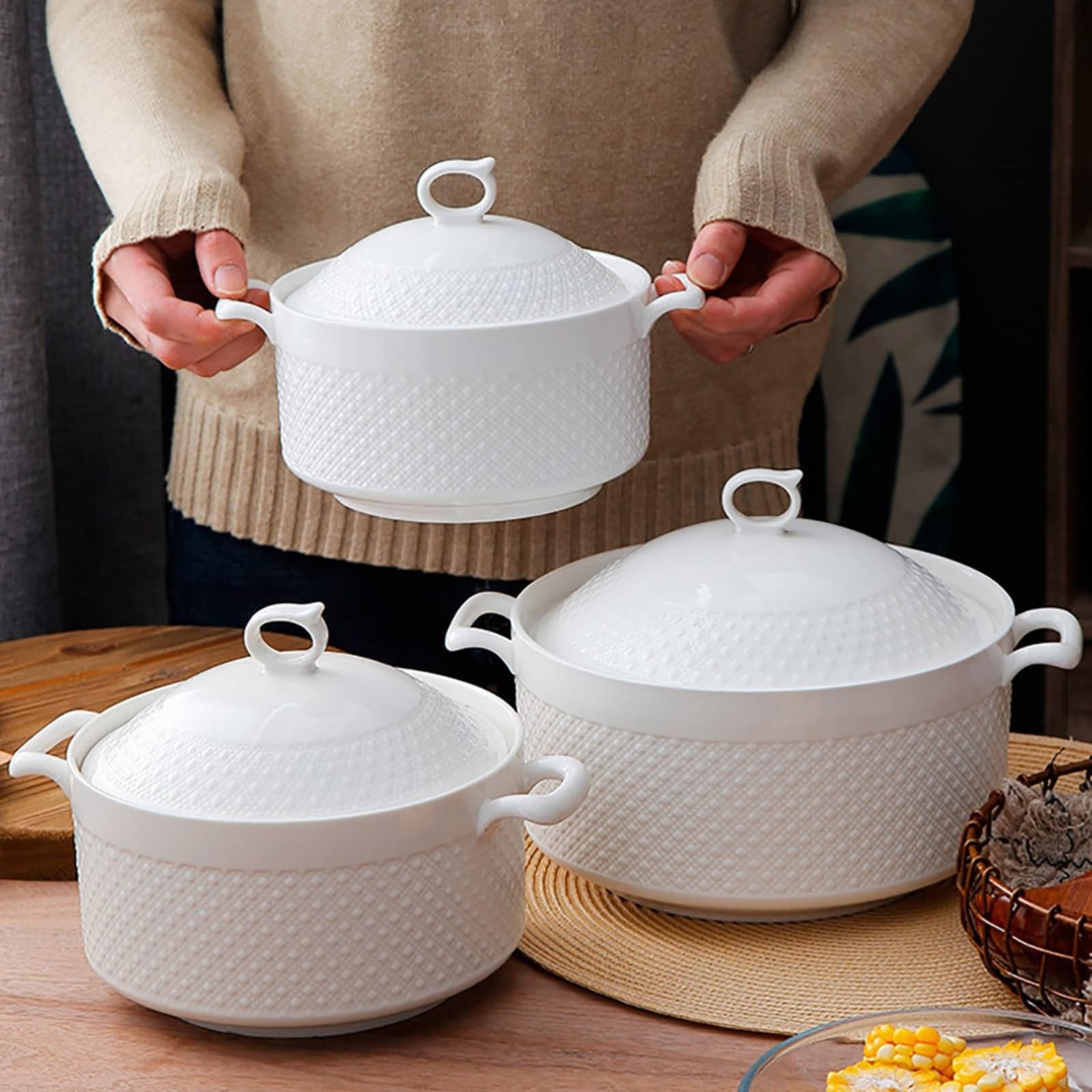 Suppenterrine aus Keramik mit Suppenkelle, Suppenschüssel mit Deckel aus Porzellan für Restaurant, Zuhause, Küche, weiße Dekoration, Suppentopf, 1500 ml