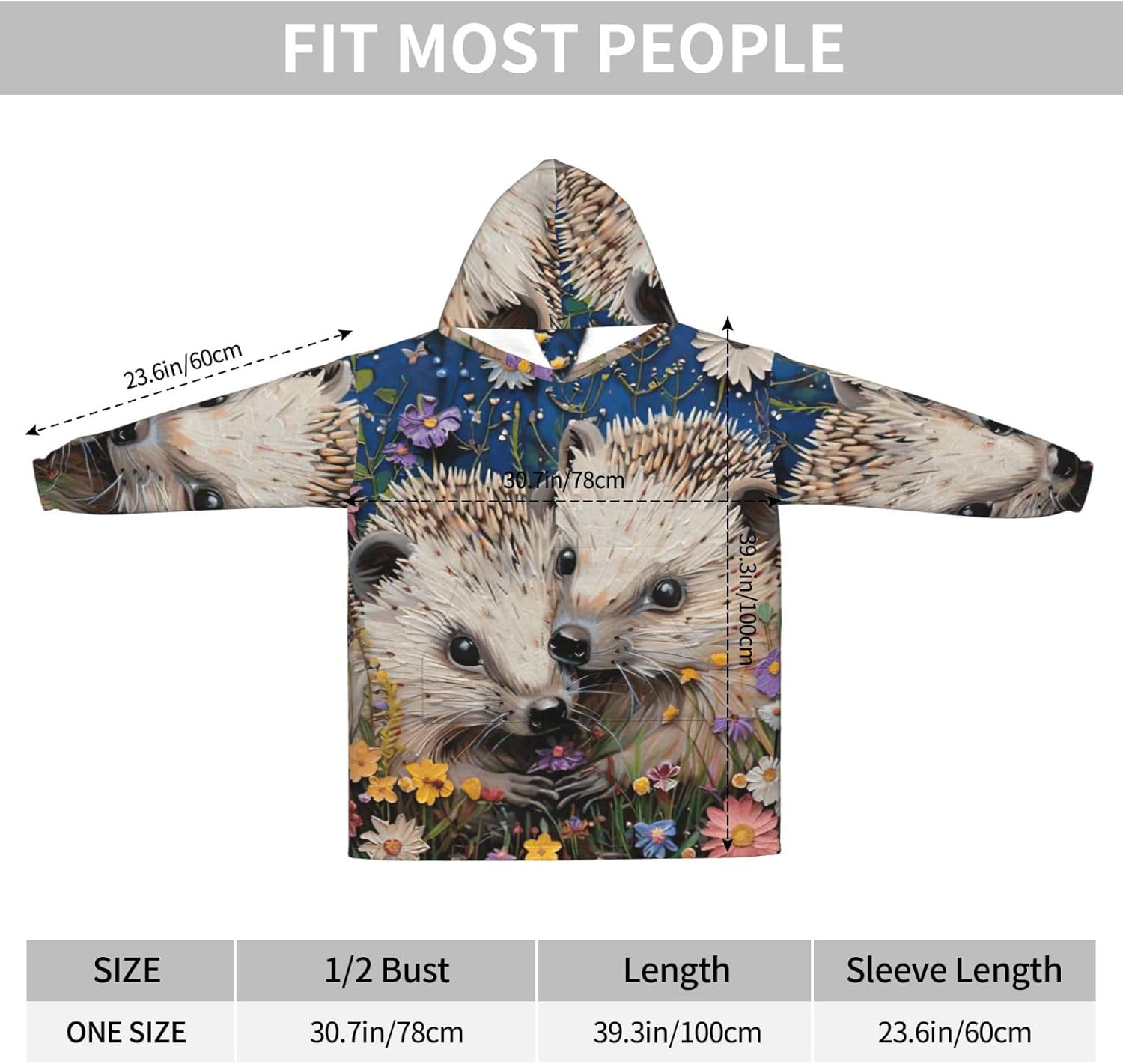 Floral Hedgehogs Print﻿ ﻿winter Cozy Blanket Hoodie Wearable With Sleevesfor Christmas New Year Loungewear