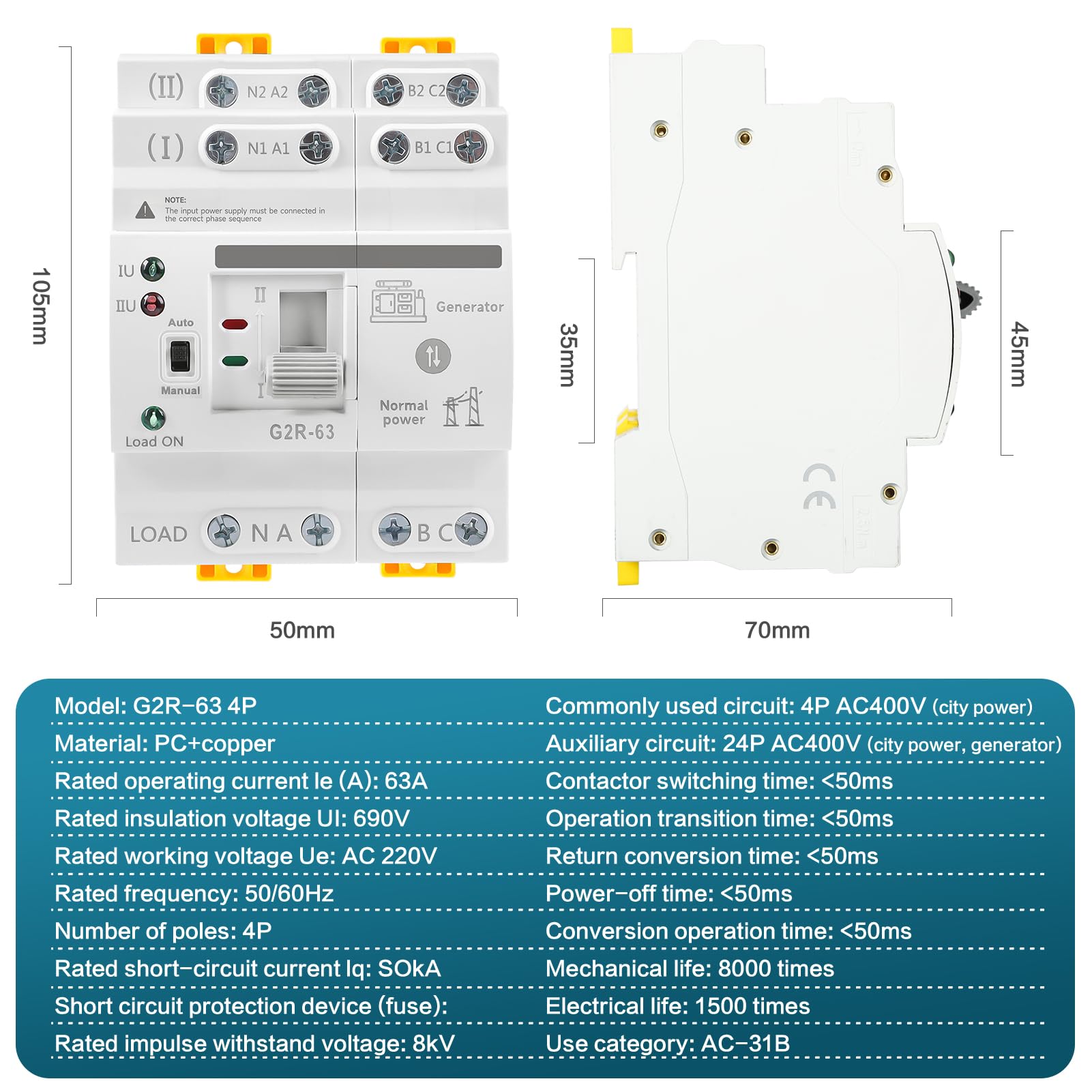 Jadeshay Dual Power Automatischer Transferschalter, ATS-Stromversorgungscontroller Unterbrechungsfreier Transferschalter G2R 4P 63A Automatischer Transferschalter Elektrische Wahlschalter 220V