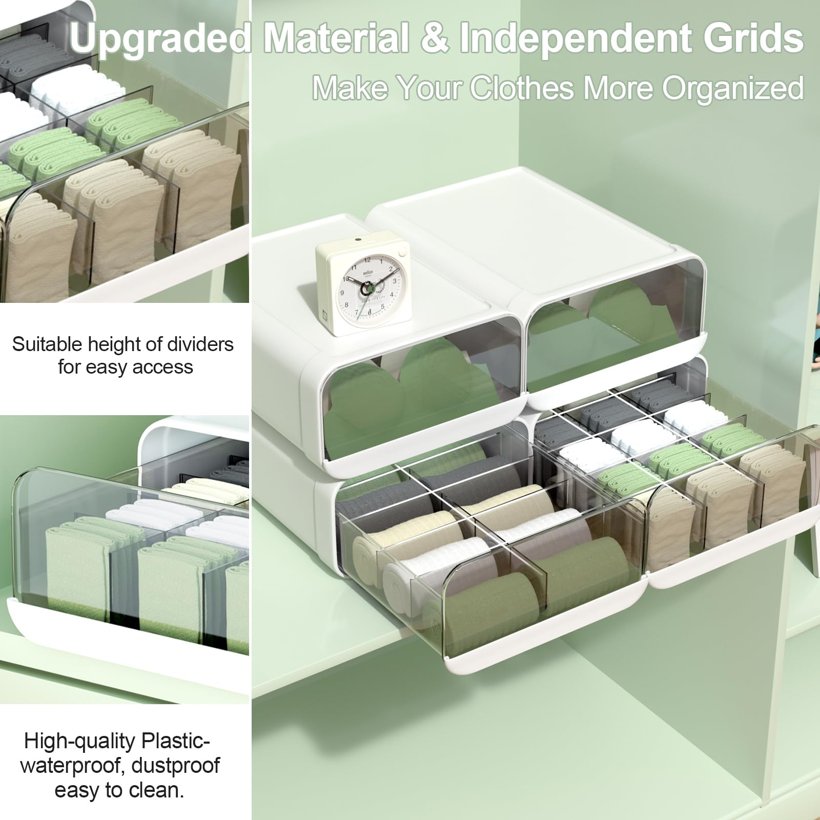 Miaocona Underwear Organizer Drawer, 15 Cells Plastic Sock Underwear Storage Drawer, Stackable Closet Organizers and Storage Box for Bras, Socks, Scarves, Ties, Belt (Queen Size-White, 1 Pcs)