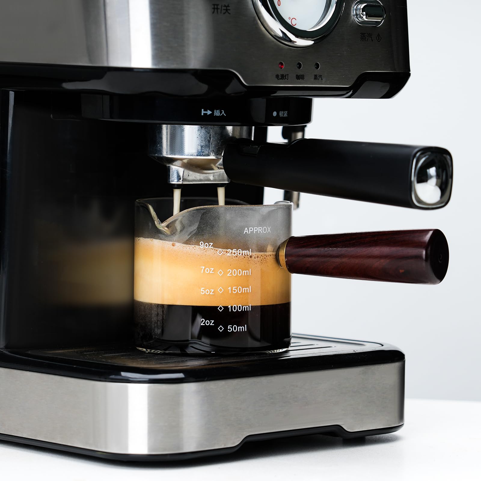 250ML/8.5OZ Measuring Cup Espresso Shot Glasses Double Spouts Large Coffee Cup with Wood Handle Triple Pitcher Milk Cup Parts Clear Glass By BCnmviku (250ml-1pack)