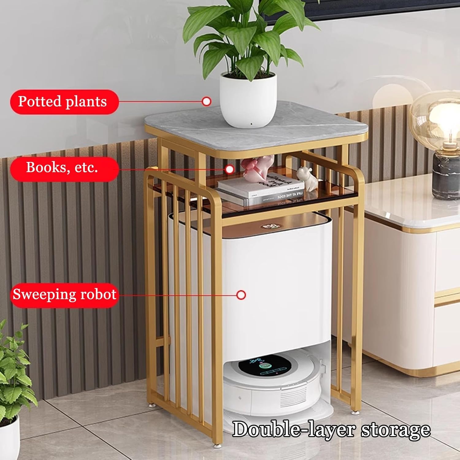 JKGHK Sweeping Robot Storage Rack, Robot Vacuum Stand with Supportive Feet, Metal Side Table with Double Layer Storage, Fish Tank Stand for Living Room, Dorm Room(White,55cm/22in)