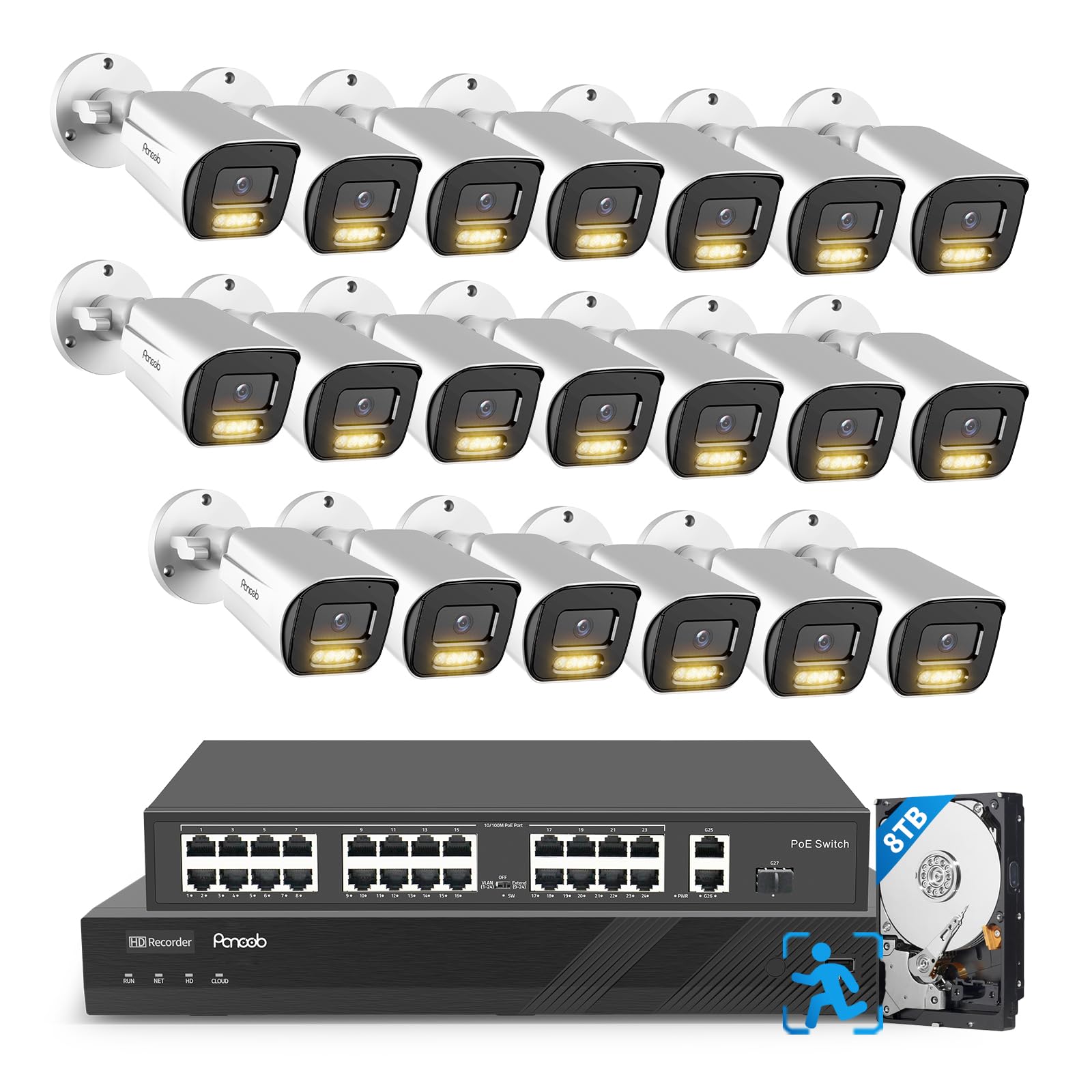 PANOOB 32 Channel Security Camera System, H.265 20pcs 5MP PoE IP Bullet Camera, Smart Color Night Vision, 2 Way Audio Talking, AI Human Detection, Remote Access, 4K 32 Channel NVR 8TB, PB65A2032-5MD