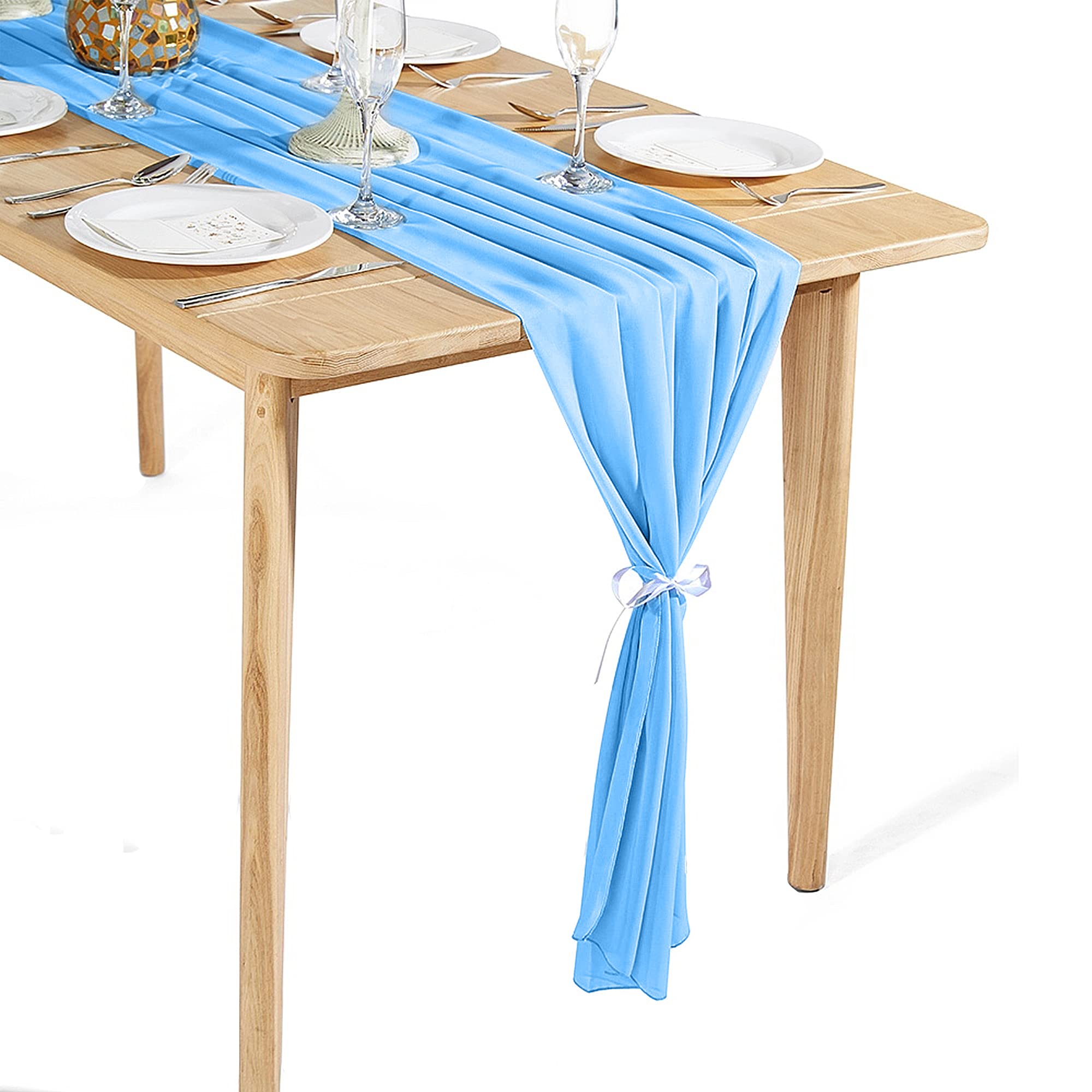 Time To Sparkle #08 Baby Blue 4Pcs 10Ft Chiffon Table Runner Wedding Decor 28X120 Inches Gauze Table Runner Rustic Sheer Table Decor For Romantic Bridal Shower Baby Shower Birthday Party Baby Blue
