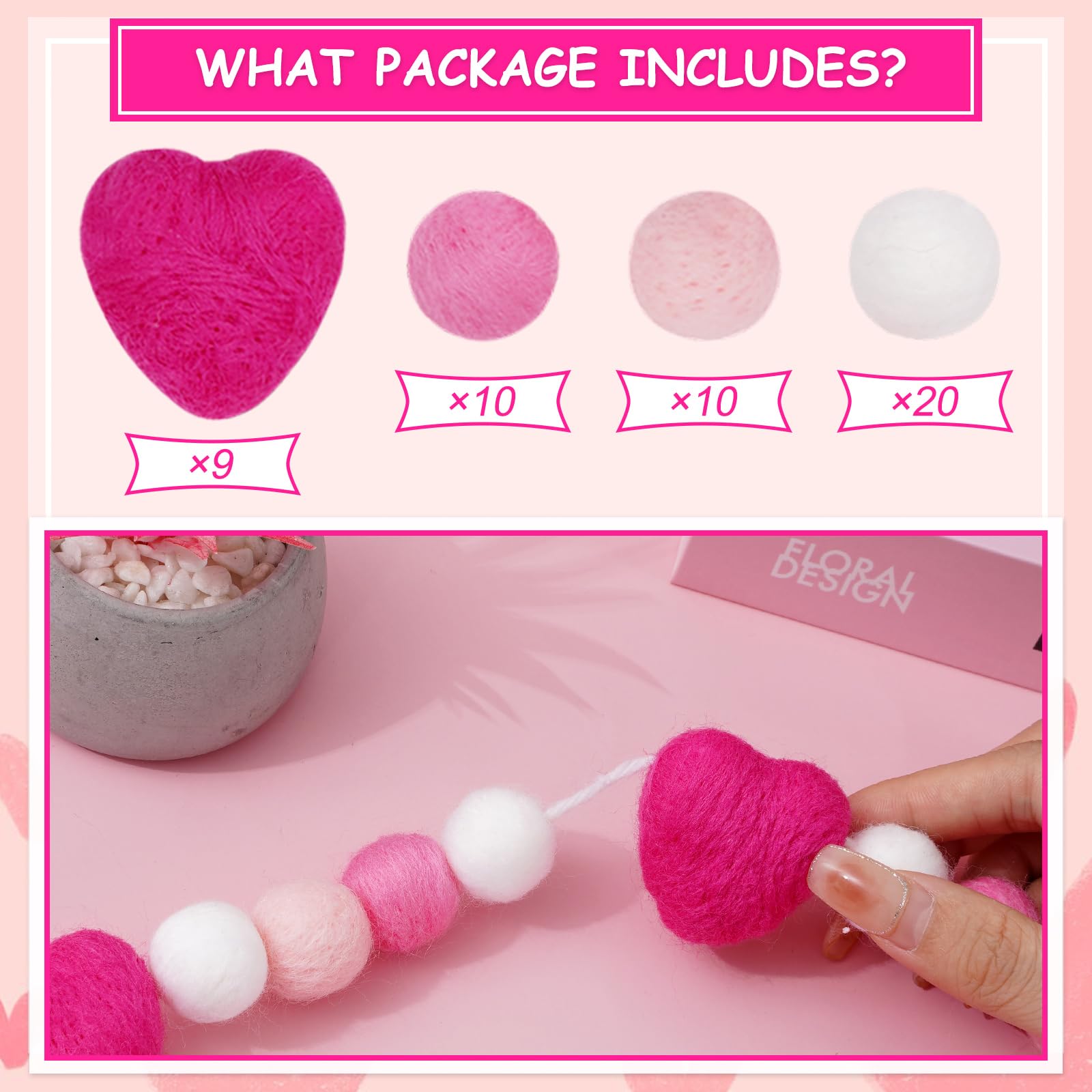 Whaline Valentinstag-Filzkugel-Girlande, 49 Bälle, Herz-Banner, rosa, weiß, flauschig, hängendes Ornament für Urlaub, Party, drinnen und draußen, Heimbüro, Dekoration, 3 m